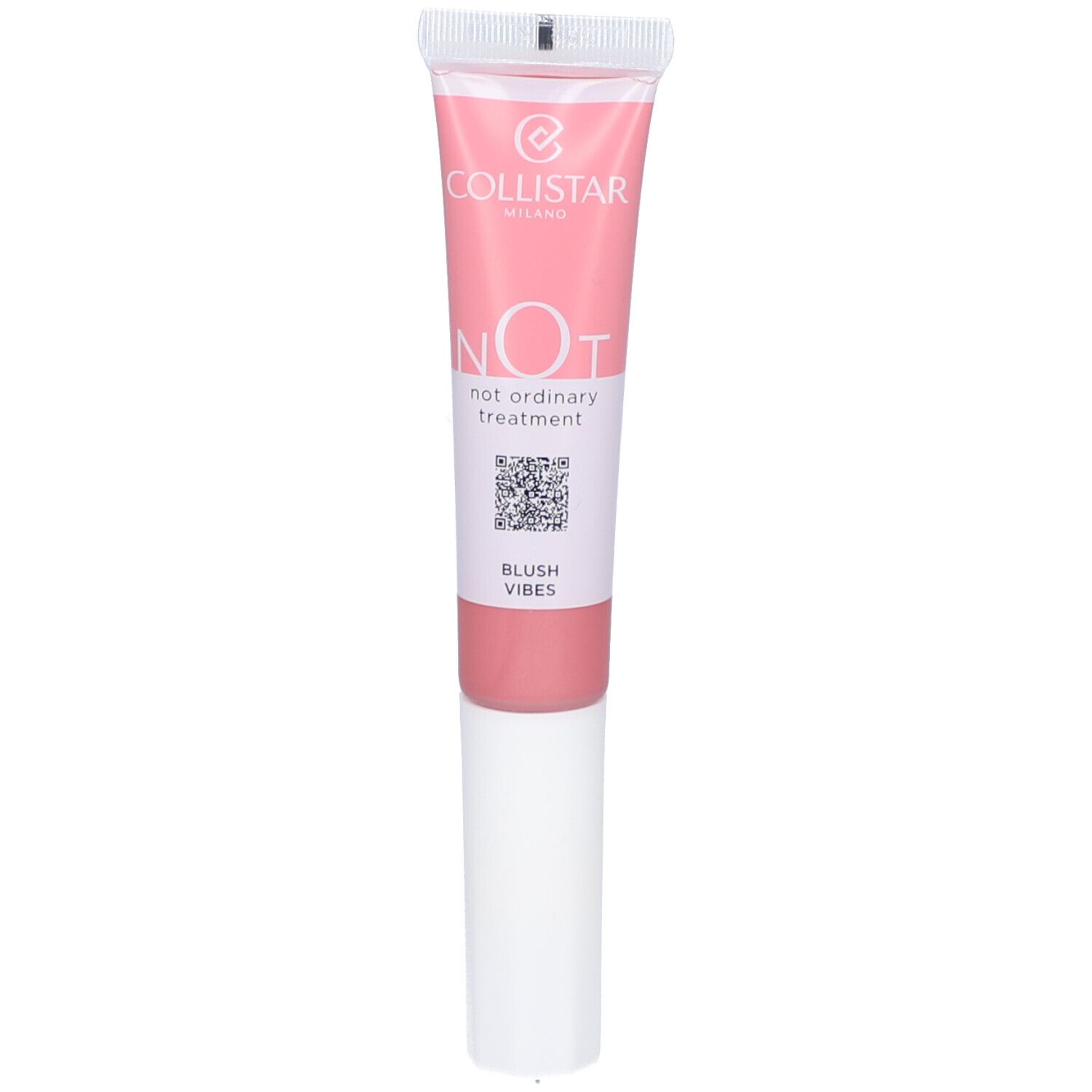 Tube rose avec applicateur blanc. Inscription : Collistar, NOT, Blush Vibes.