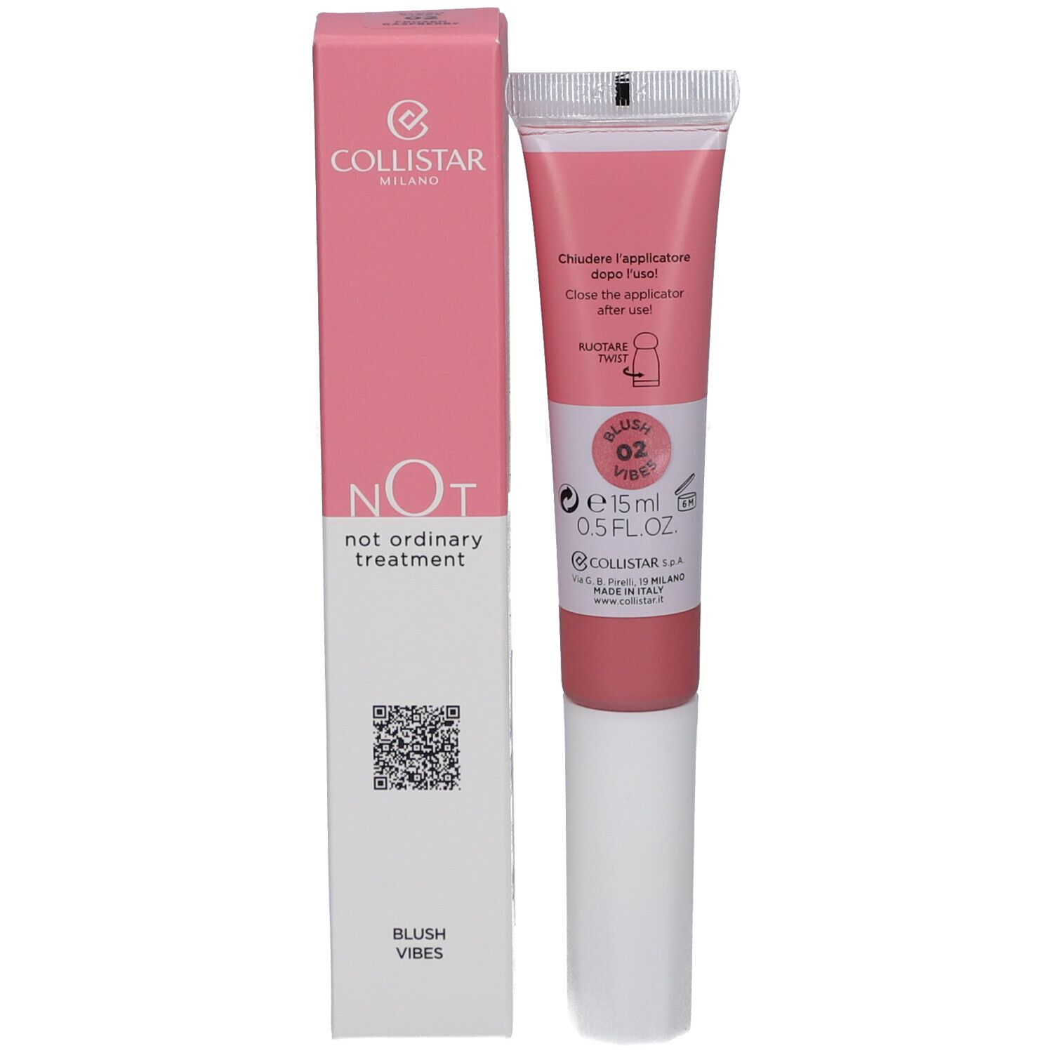 Emballage et tube roses. Inscription : Collistar, NOT, Blush Vibes. Tube avec applicateur.