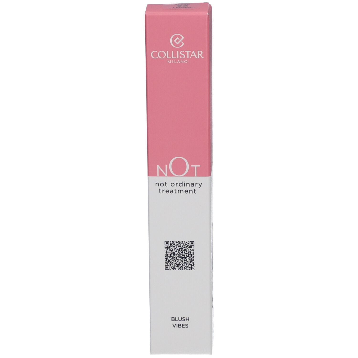 Emballage rose. Inscription : Collistar, NOT, Blush Vibes. Code QR.