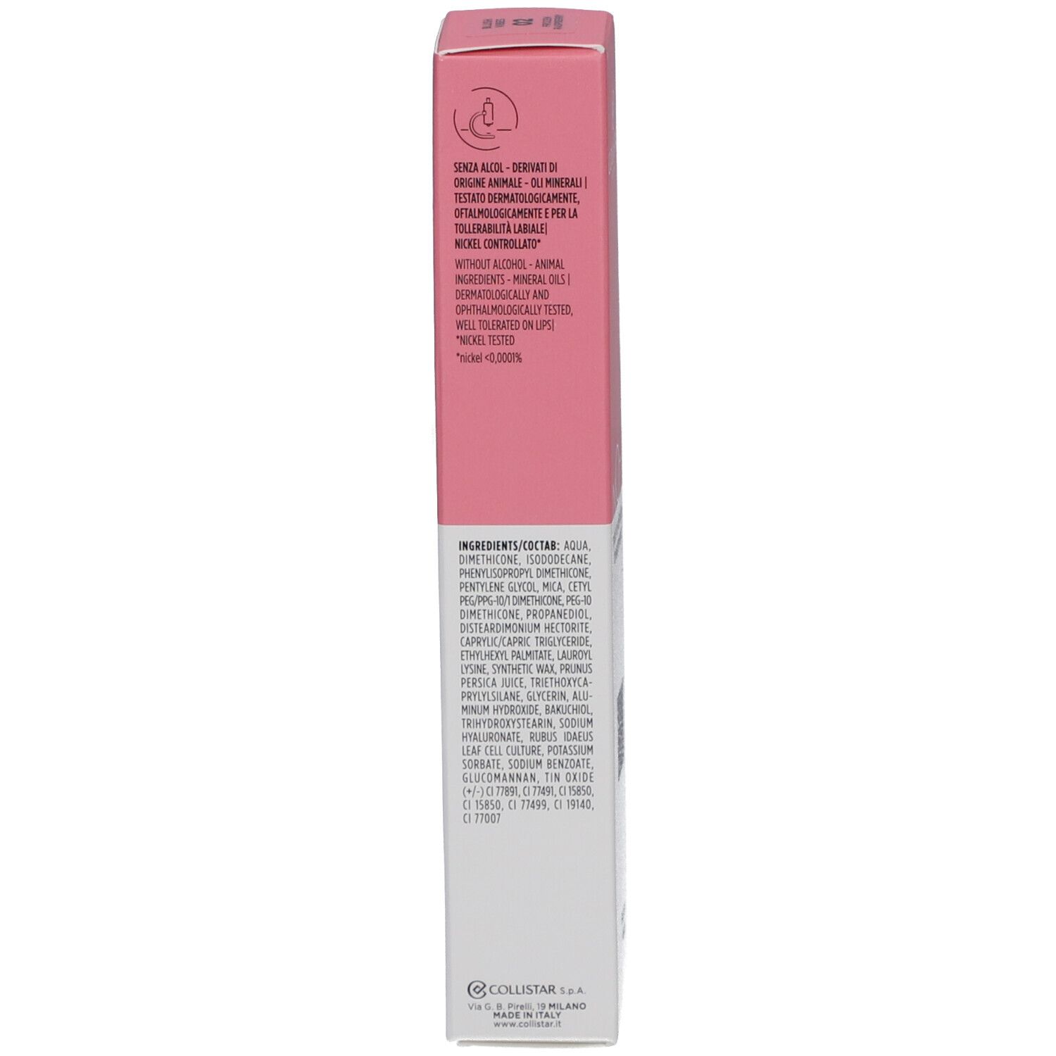 Emballage rose. Texte : Ingrédients, testé dermatologiquement. Marque : Collistar.
