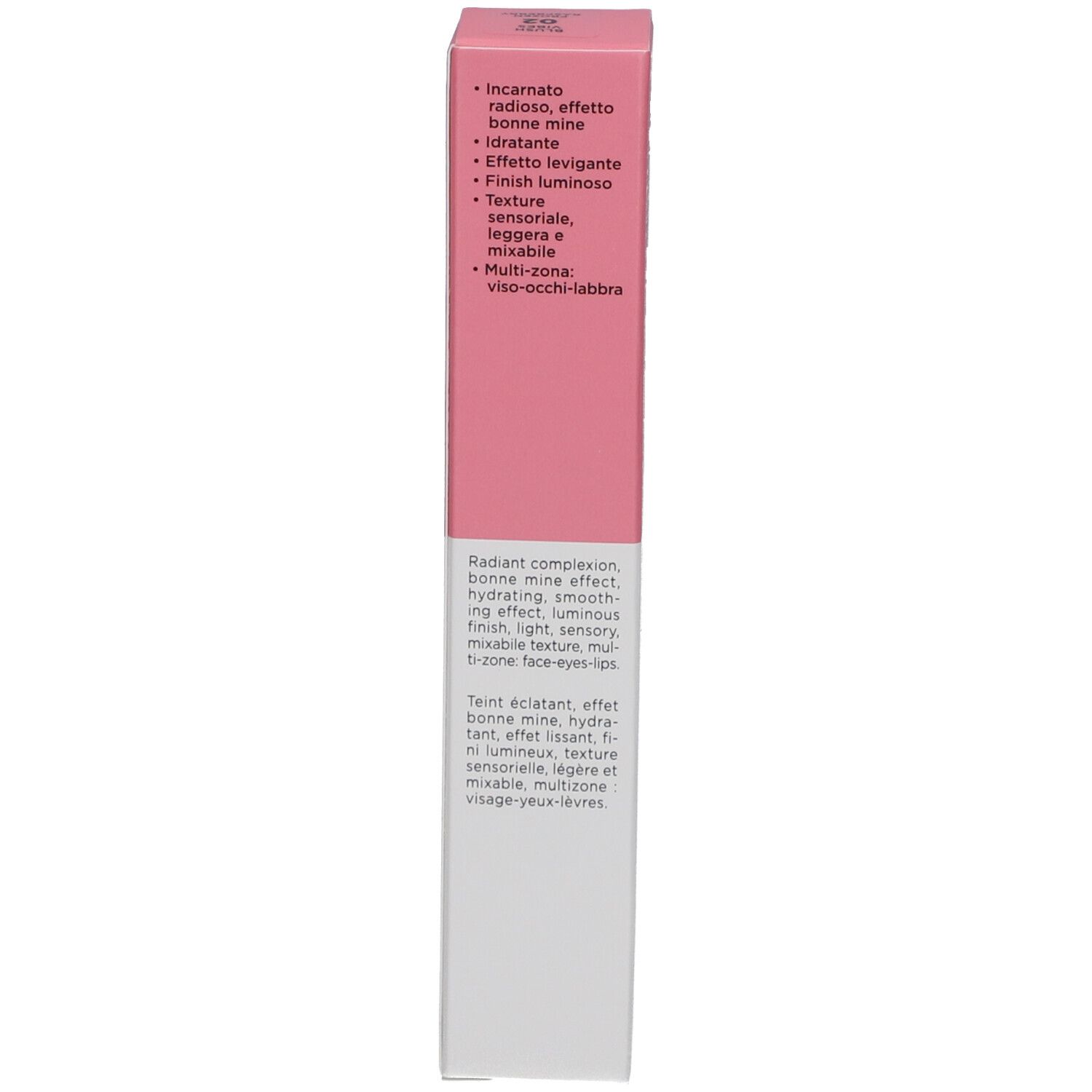 Emballage rose. Texte : Propriétés, Radiant Complexion, effet bonne mine. Marque : Collistar.
