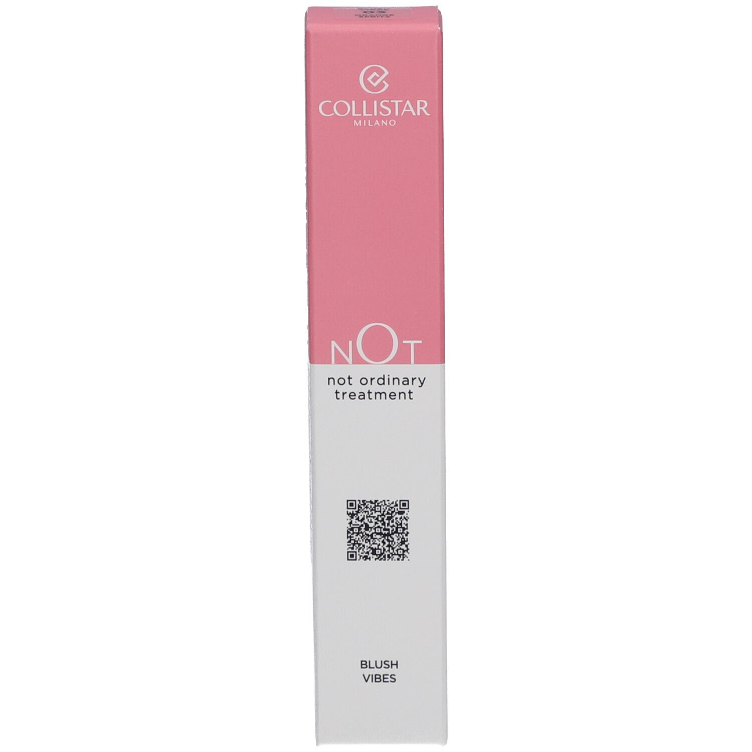 Rosa Verpackung. Aufschrift: Collistar, NOT, Blush Vibes. QR-Code. Schlanke Form.