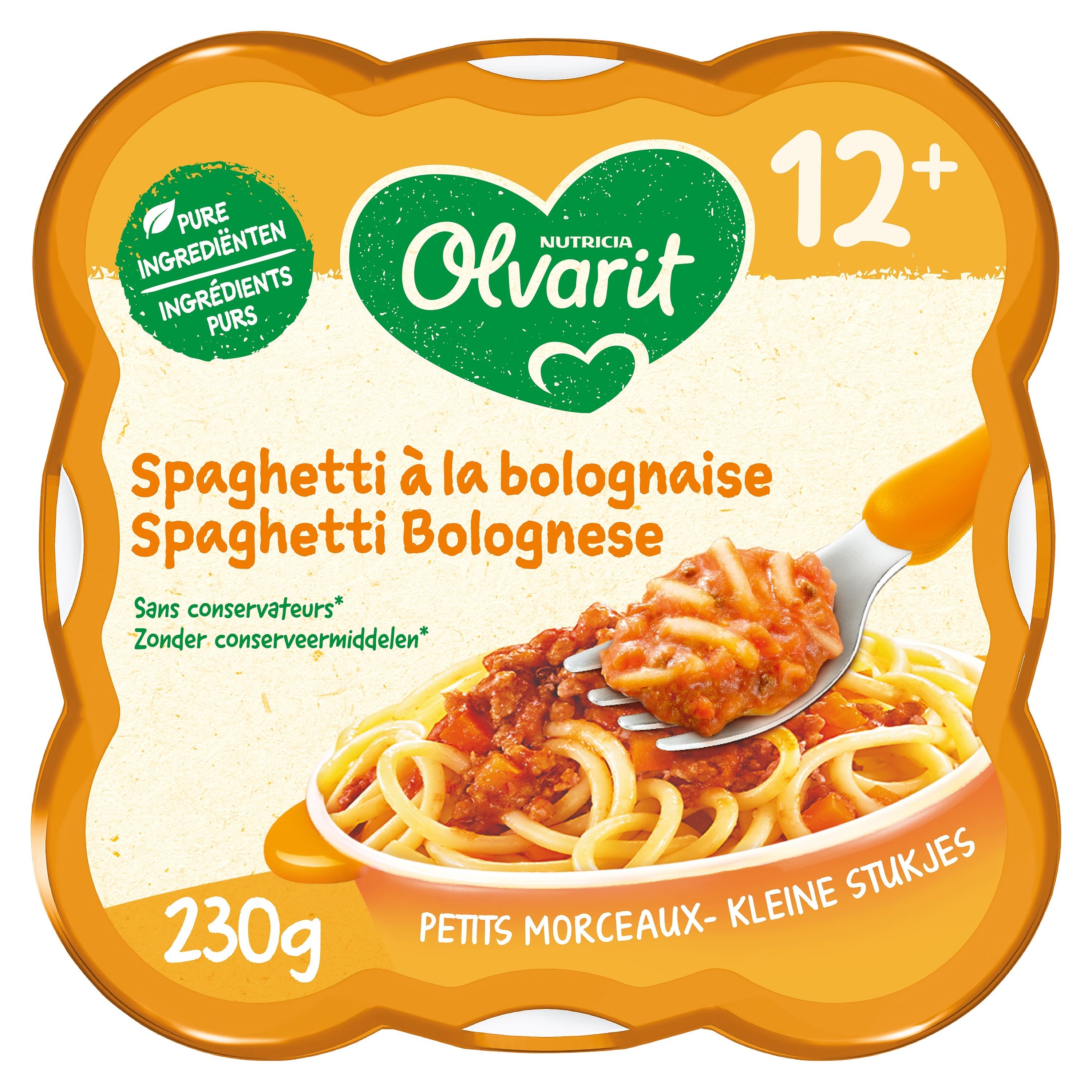 Olvarit Teller 12m+ Spaghetti Bolognese. Emballage jaune avec image du produit et texte en français.
