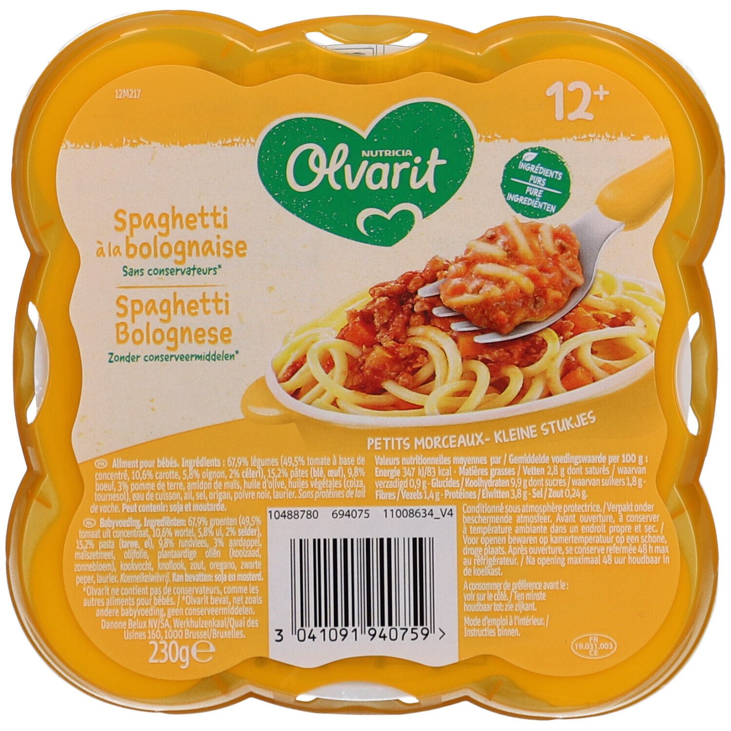 Plat préparé Olvarit Teller 12m+ Spaghetti Bolognese. Emballage jaune avec image du produit et texte.