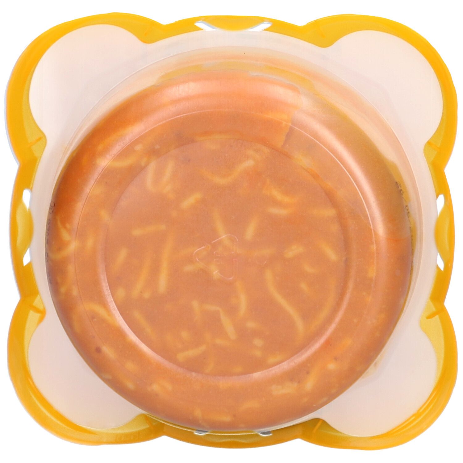 Vue de dessus du Olvarit Teller 12m+ Spaghetti Bolognese. Emballage jaune avec spaghetti bolognaise.