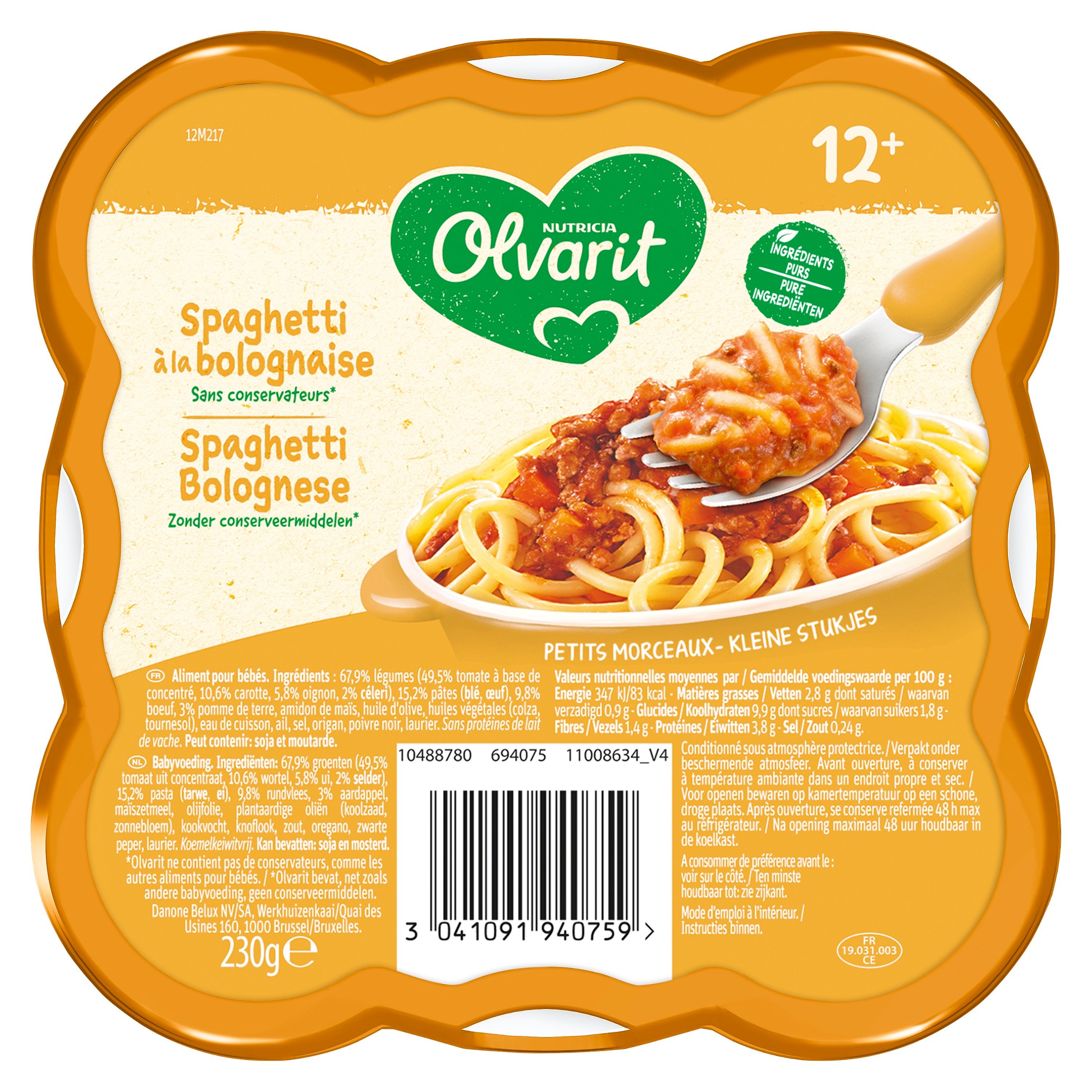 Olvarit Teller 12m+ Spaghetti Bolognese. Emballage jaune avec image du produit et texte en français.