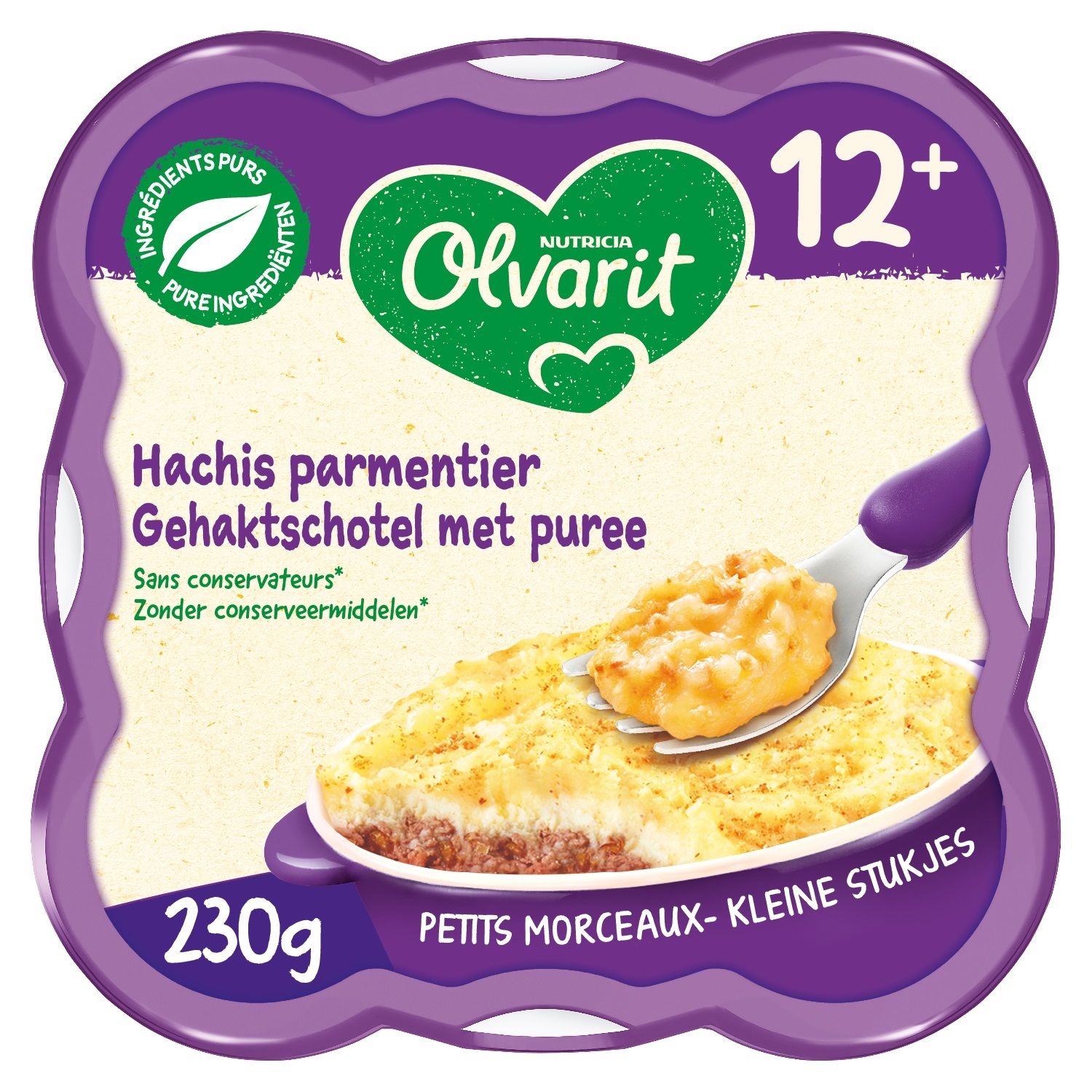 Plat préparé pour bébés. Olvarit Teller 12m+ Hachis parmentier. Emballage avec photo du produit et cuillère.