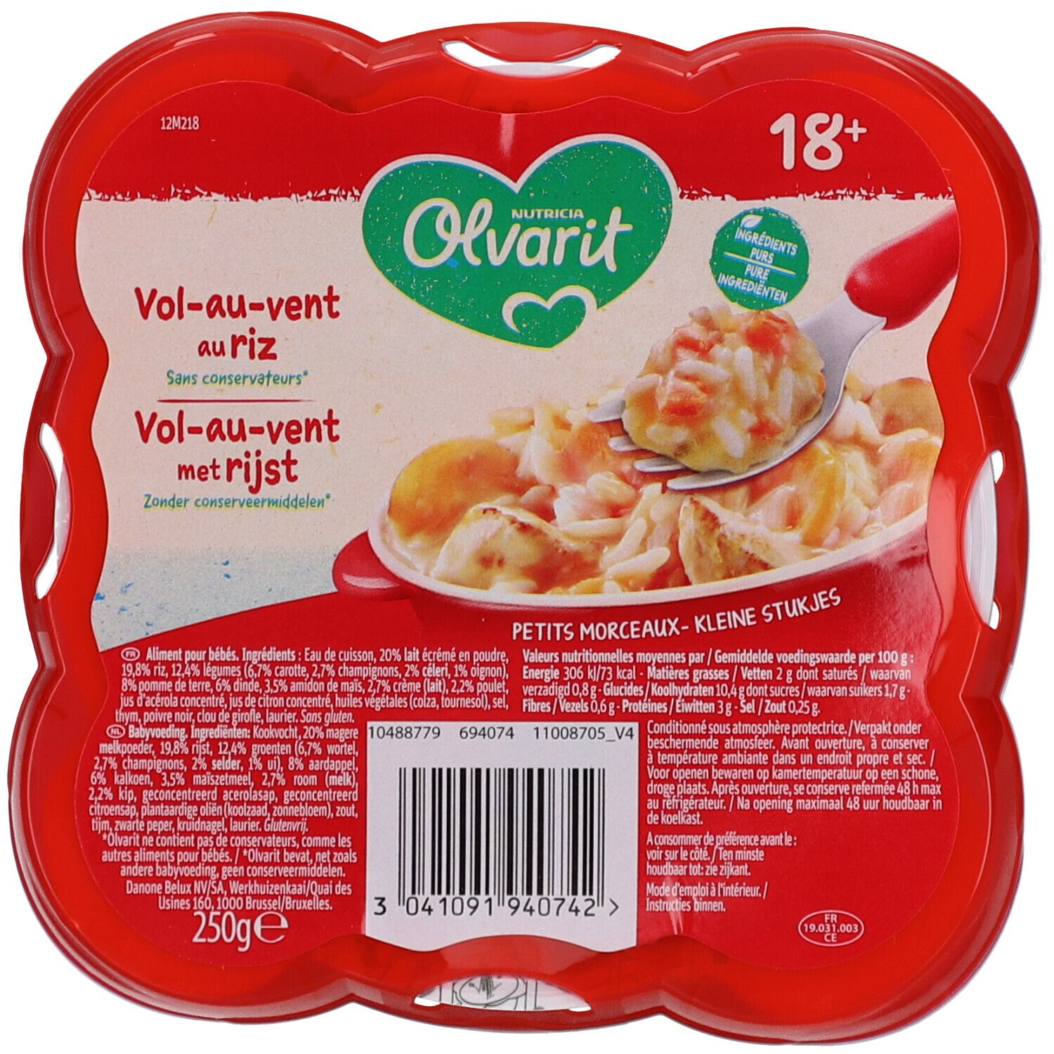Verpackung Olvarit Vol-au-vent au riz, 18+ Monate. Rote Verpackung mit Produktabbildung und Text.