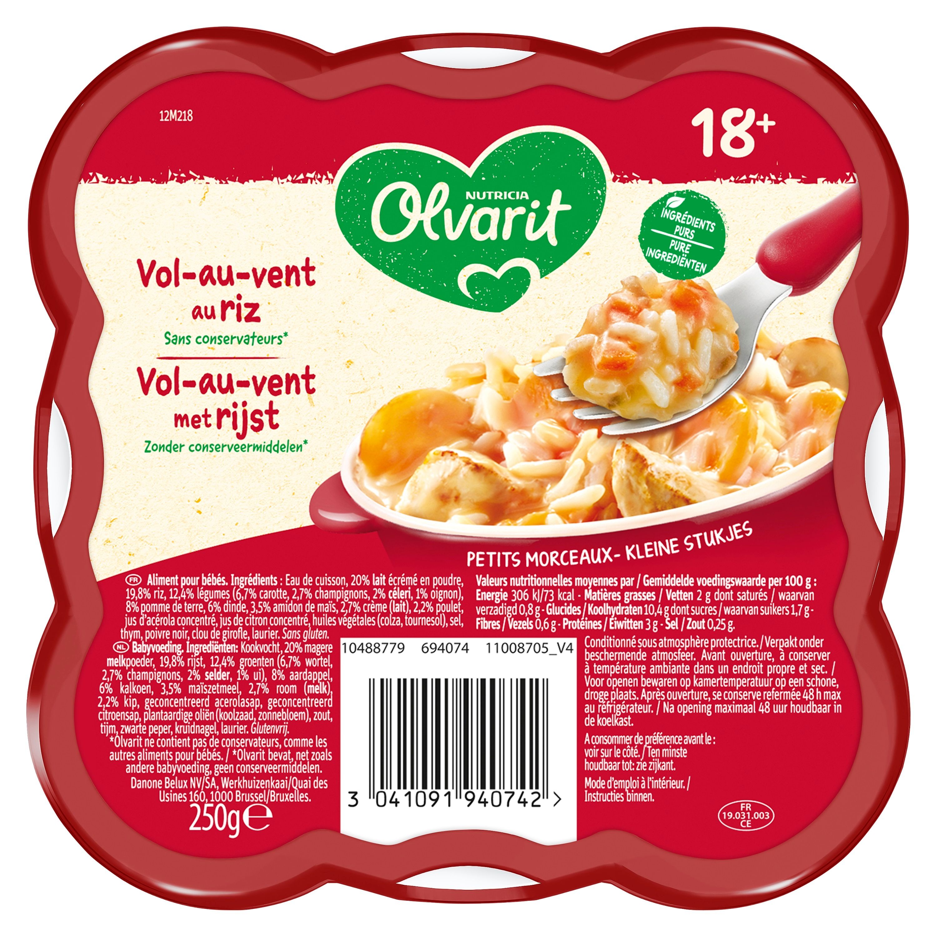 Olvarit Vol-au-vent au riz/met rijst, 250g. Emballage rouge avec image du produit et texte.