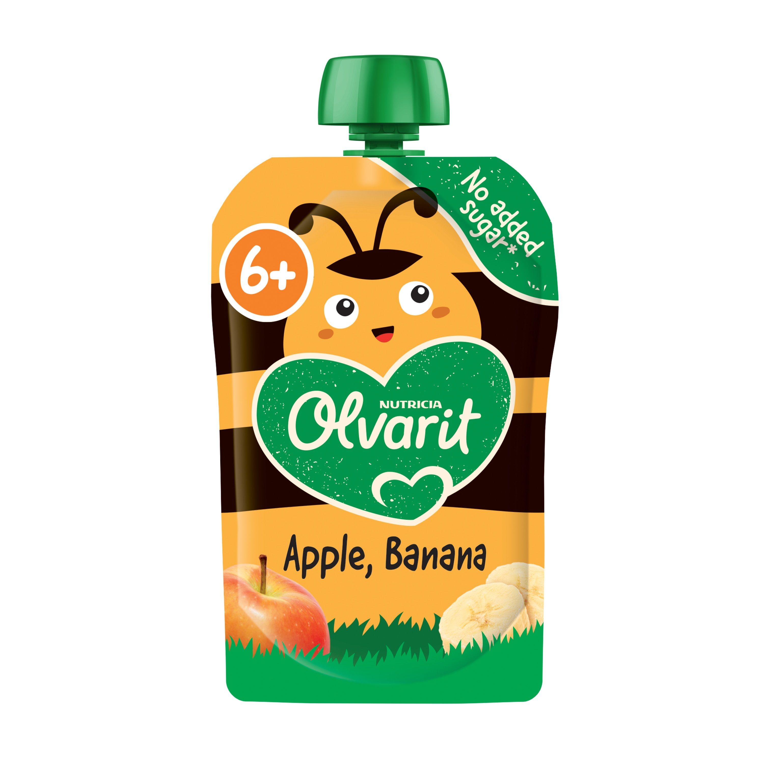 Gourde de purée pomme-banane. Emballage vert et jaune avec logo Olvarit et indication 6+.