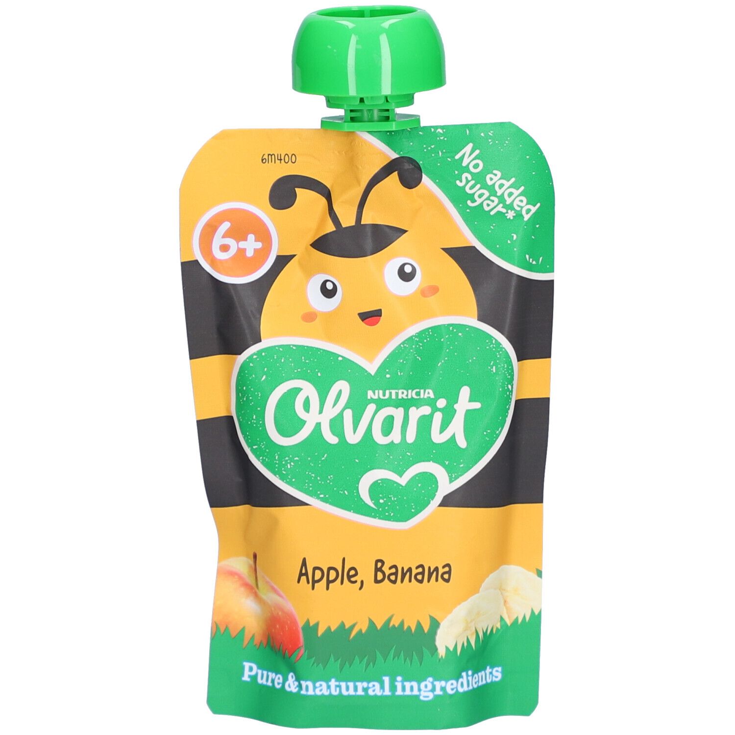 Gourde de purée pomme-banane. Emballage vert et jaune avec logo Olvarit et indication 6+.