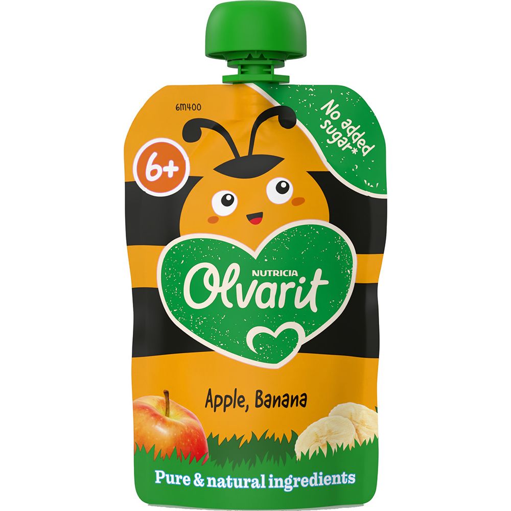 Gourde de purée pomme-banane. Emballage vert et jaune avec logo Olvarit et indication 6+.