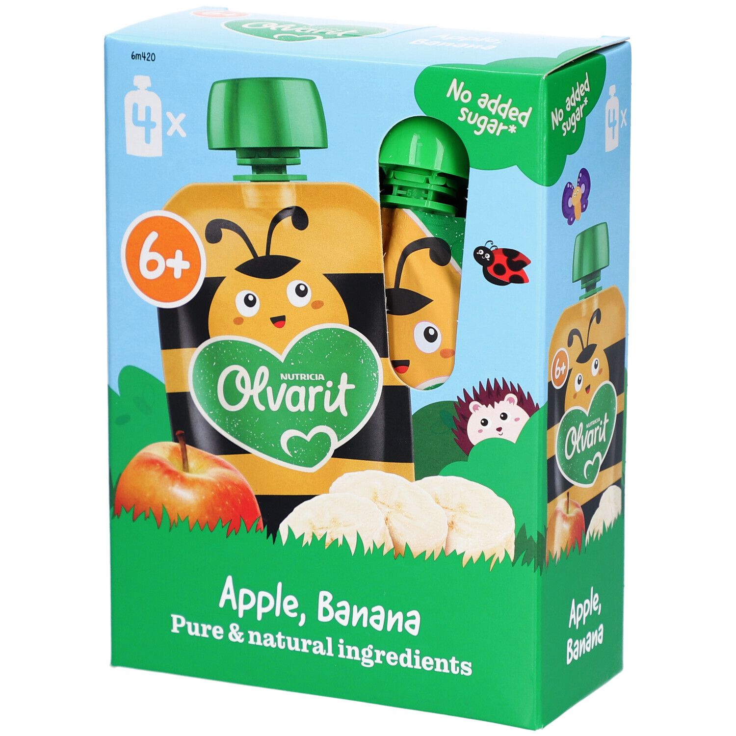 Verpackung Olvarit Apfel-Banane, 4 Beutel. Mit Aufdrucken, 6+ Monate. Ohne Zuckerzusatz.
