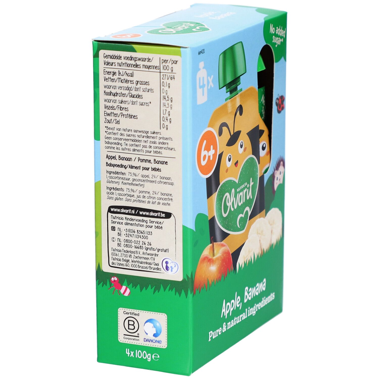 Rückseite der Olvarit Apfel-Banane Verpackung. Nährwertangaben, Zutaten, Zertifizierung.