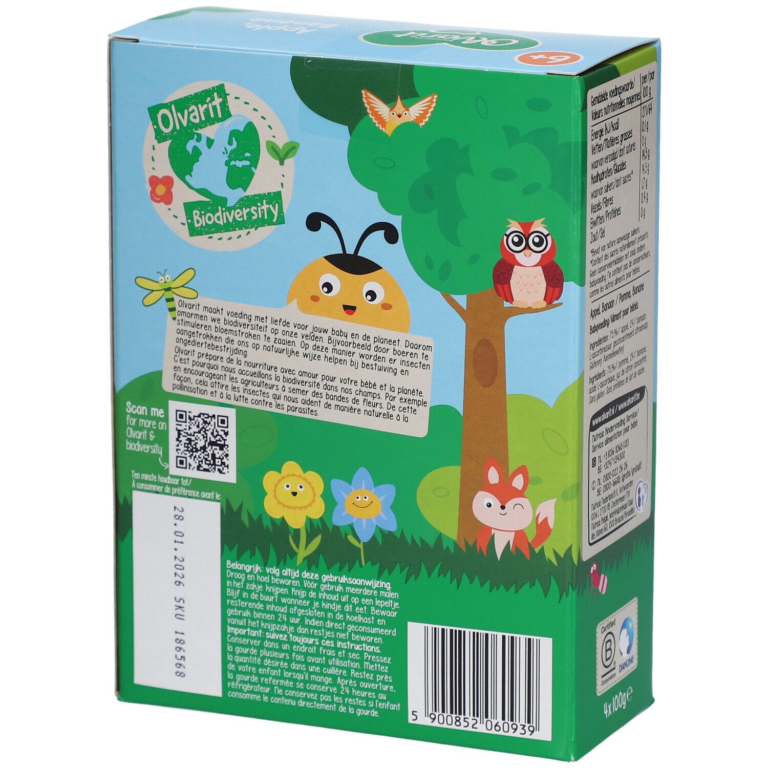 Rückseite der Olvarit Verpackung. Illustrationen, QR-Code, Text. Biodiversität-Logo.