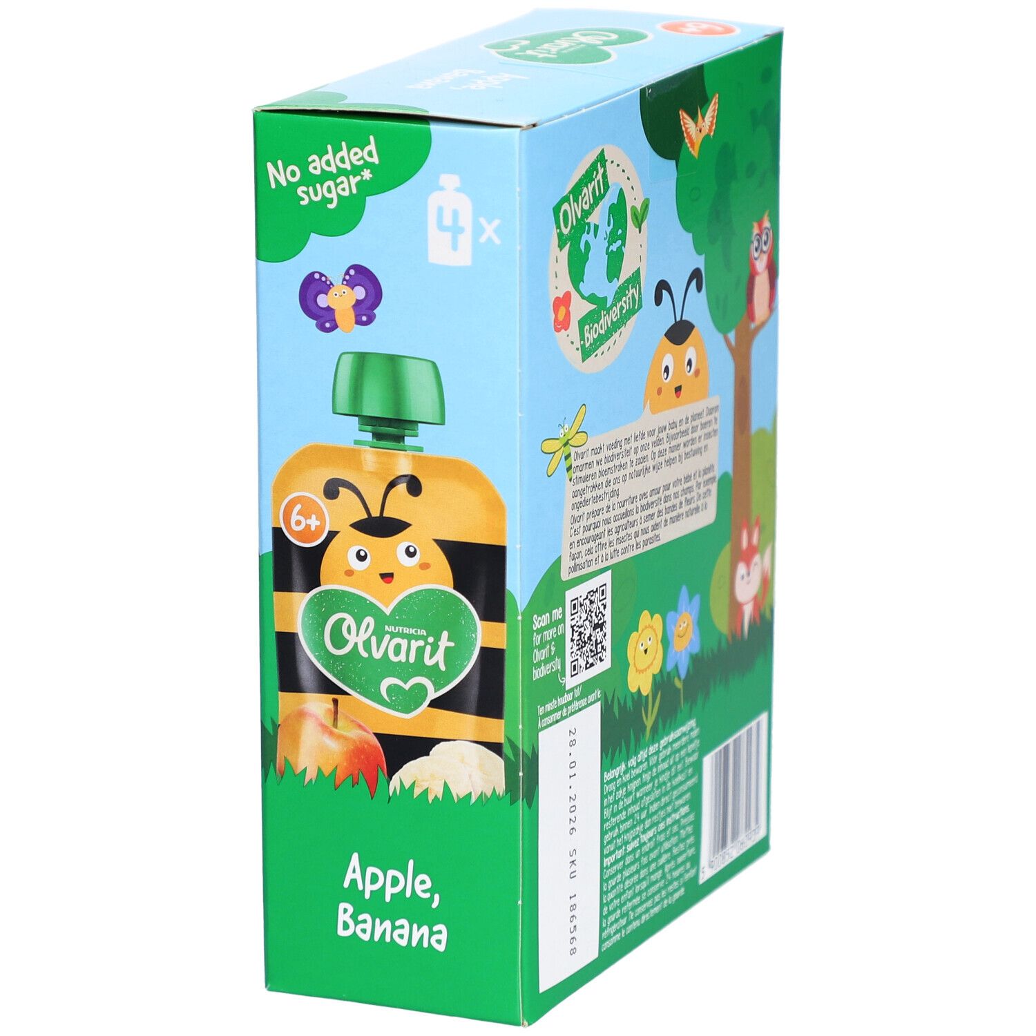 Olvarit Apfel-Banane Verpackung. 4 Beutel, 6+ Monate. Ohne Zuckerzusatz. Biodiversität-Logo.