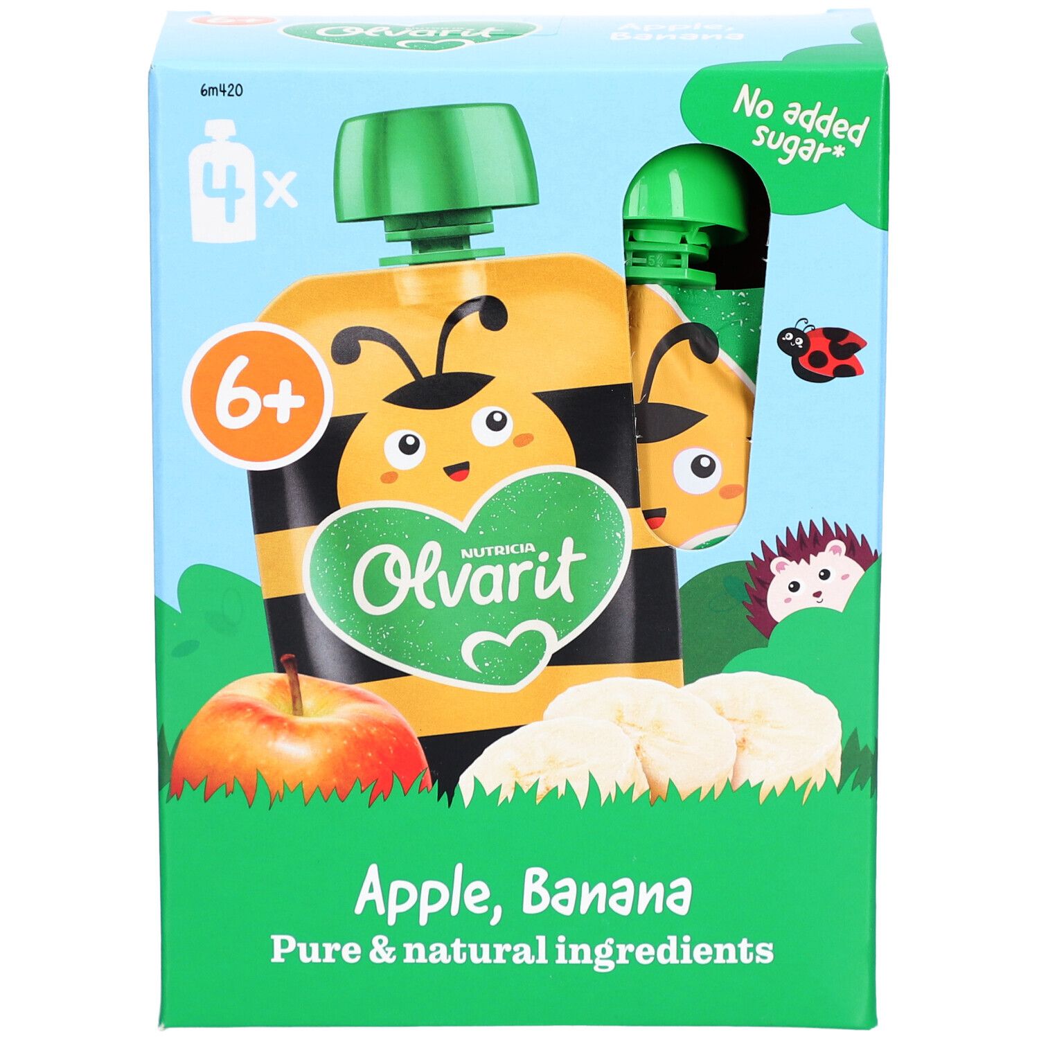 Olvarit Apfel-Banane Verpackung. 4 Beutel, 6+ Monate. Ohne Zuckerzusatz.