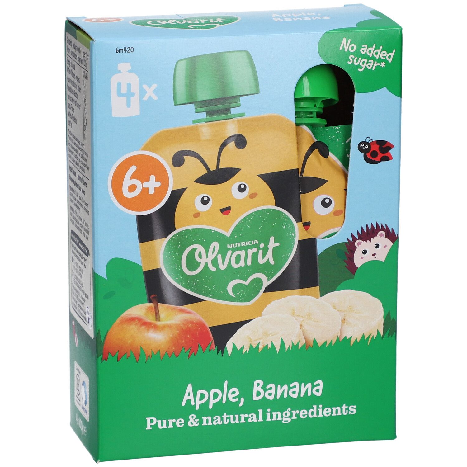 Olvarit Apfel-Banane Verpackung. 4 Beutel, 6+ Monate. Ohne Zuckerzusatz.