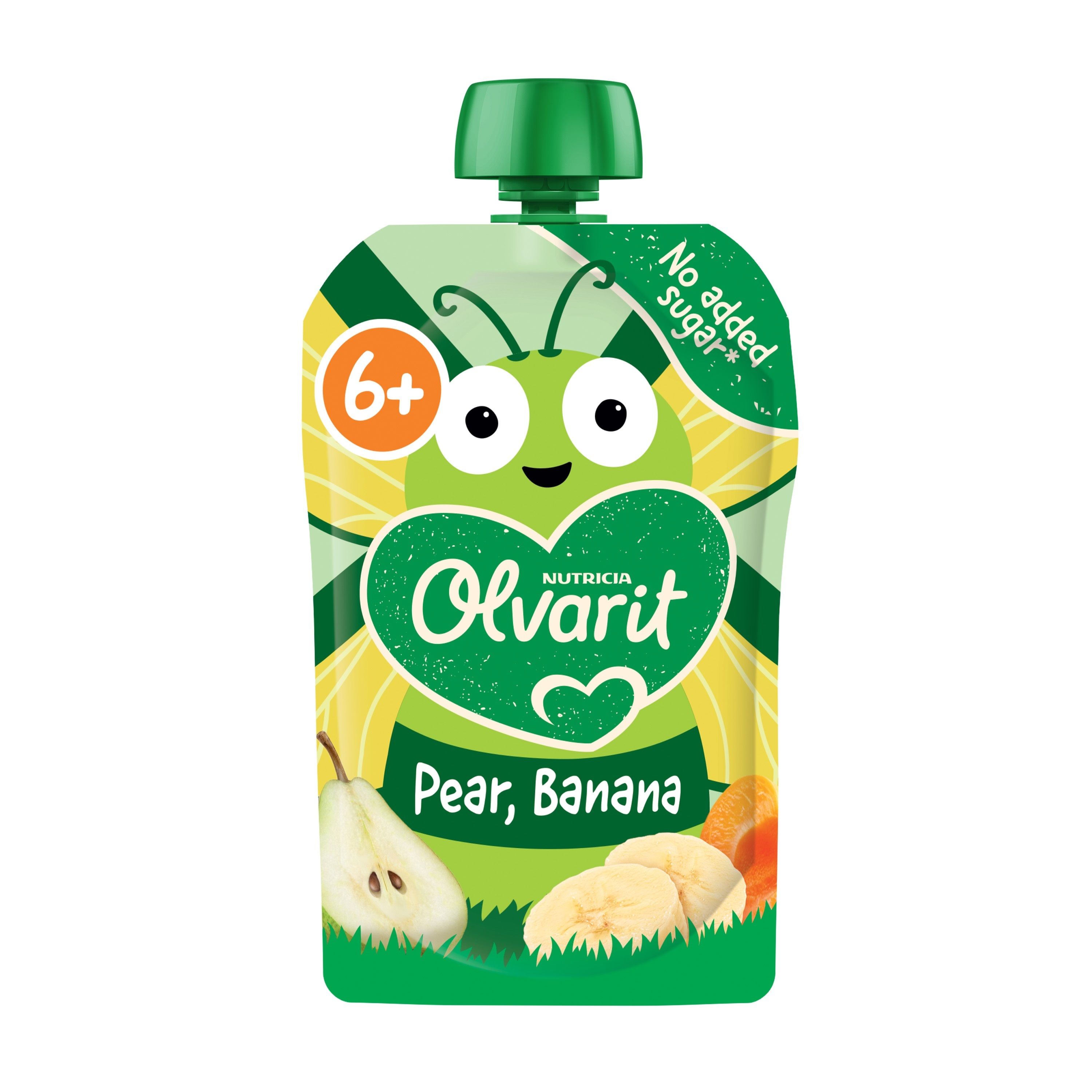 Gourde Olvarit avec poire, banane. Design vert et jaune avec indications et âge 6+.