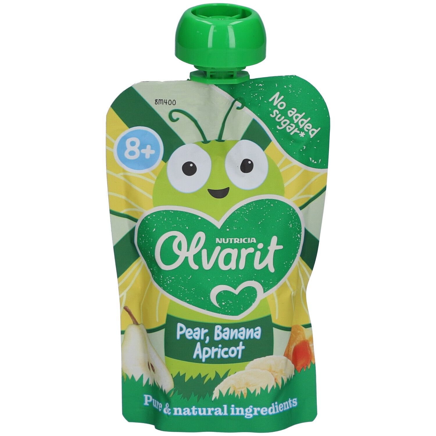 Gourde Olvarit 8m+ avec poire, banane, abricot. Emballage vert et jaune avec indications et âge 8+.