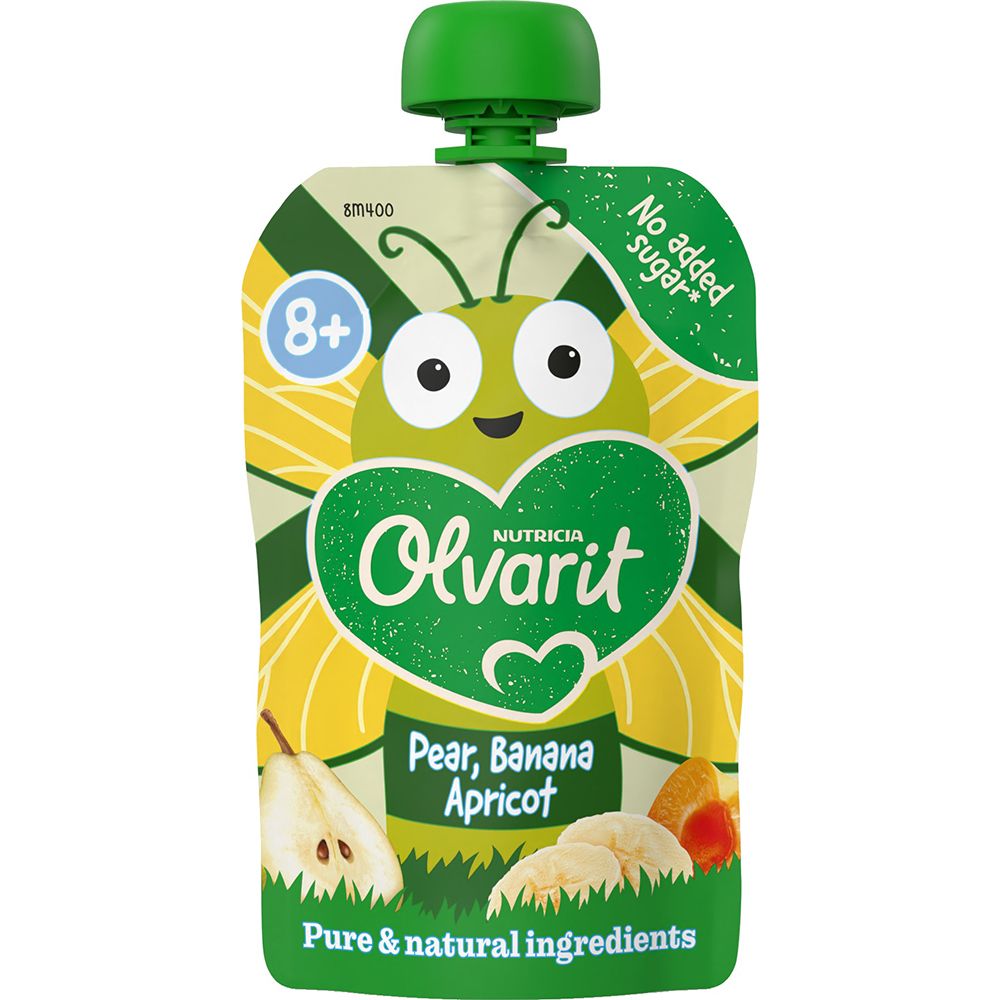 Gourde Olvarit 8m+ avec poire, banane, abricot. Emballage vert et jaune avec indications et âge 8+.