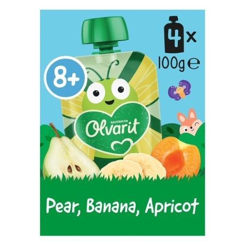 Gourde avec abricot, poire et banane. 4 gourdes, 8+ mois. Sans sucre ajouté.