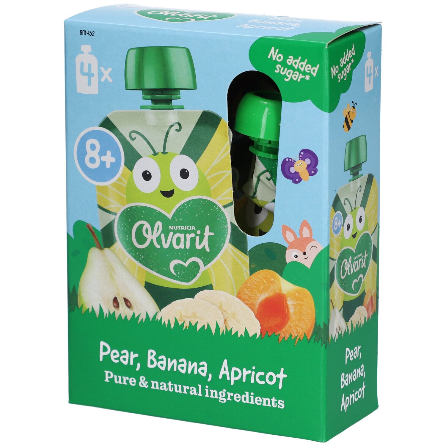Boîte Olvarit avec gourde. Contient abricot, poire et banane. 4 gourdes, 8+ mois.