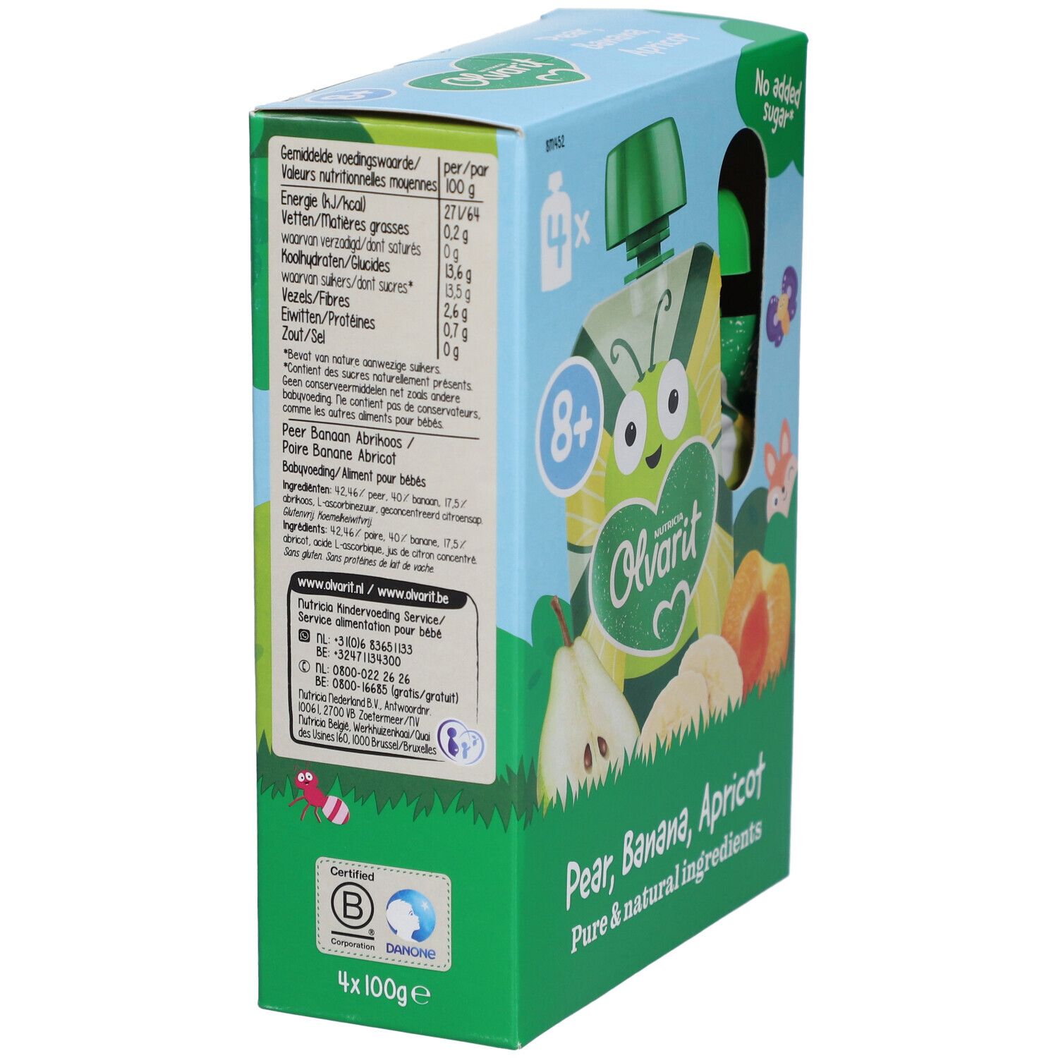 Emballage Olvarit avec informations nutritionnelles. 4x100g. Avec certification.