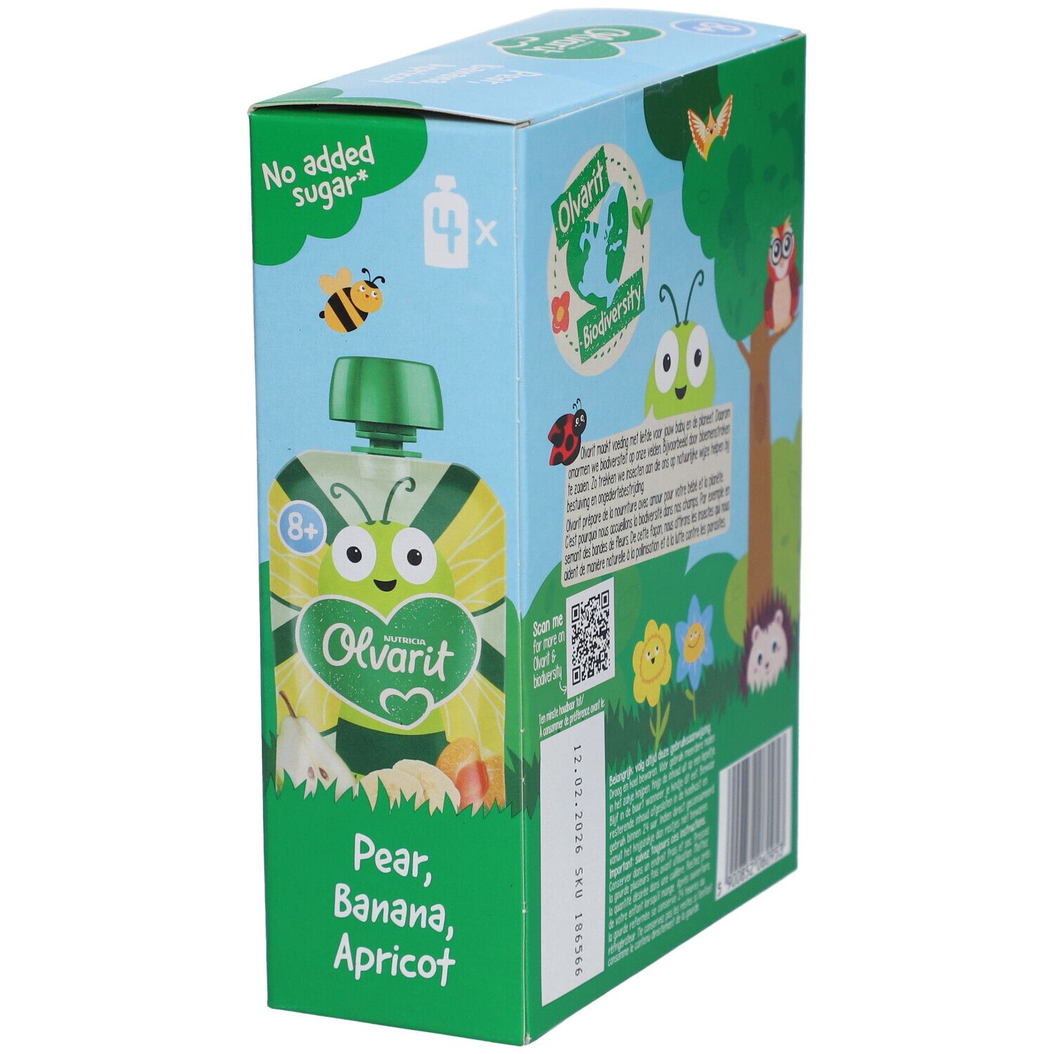 Emballage Olvarit. Contient des gourdes avec abricot, poire et banane. 4 gourdes.