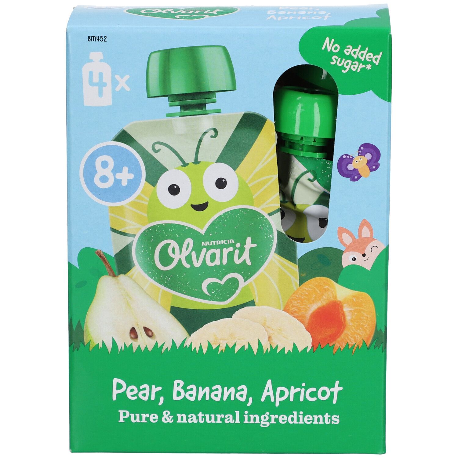 Emballage Olvarit avec gourde. Contient abricot, poire et banane. 4 gourdes, 8+ mois.