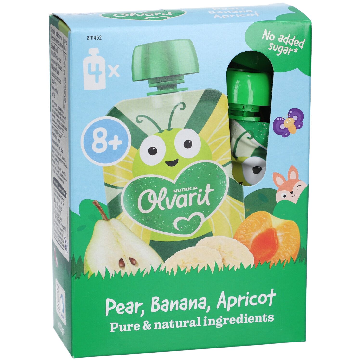 Emballage Olvarit avec gourde. Contient abricot, poire et banane. 4 gourdes, 8+ mois.
