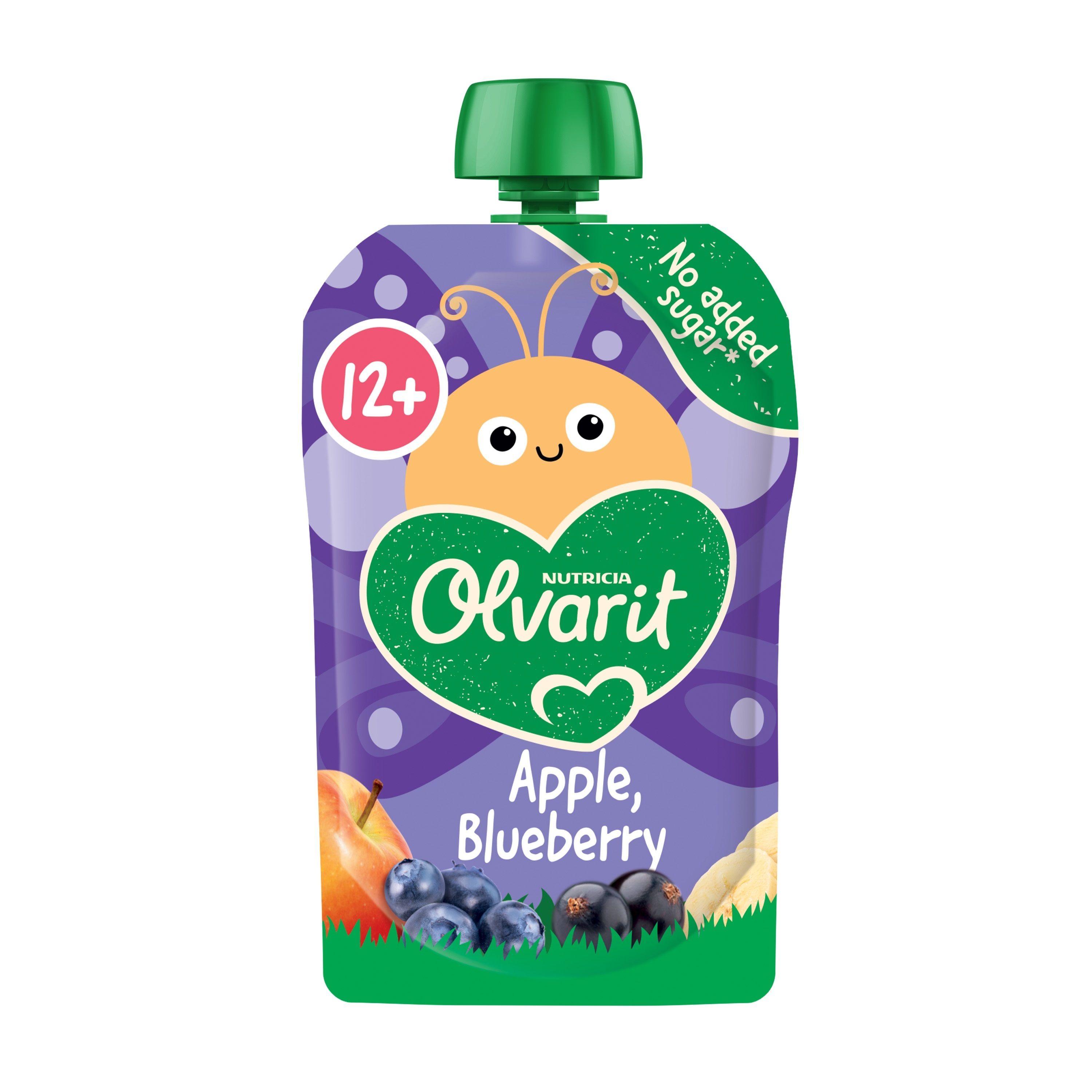 Knijpfruit met appel-bosbessenpuree. Aanbevolen voor 12+ maanden. Groene dop. Merk Olvarit.