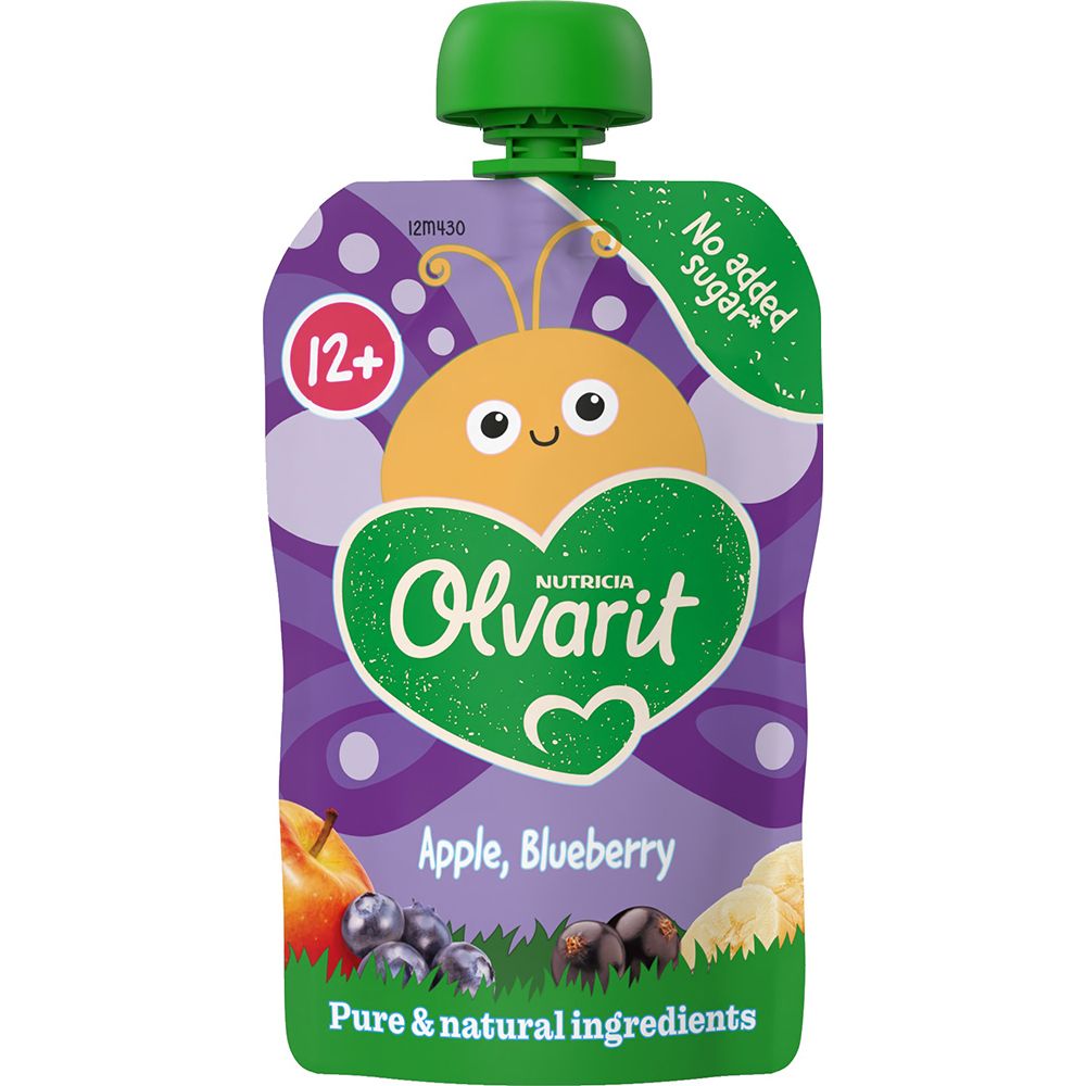 Knijpfruit met appel-bosbessenpuree. Aanbevolen voor 12+ maanden. Groene dop. Merk Olvarit.