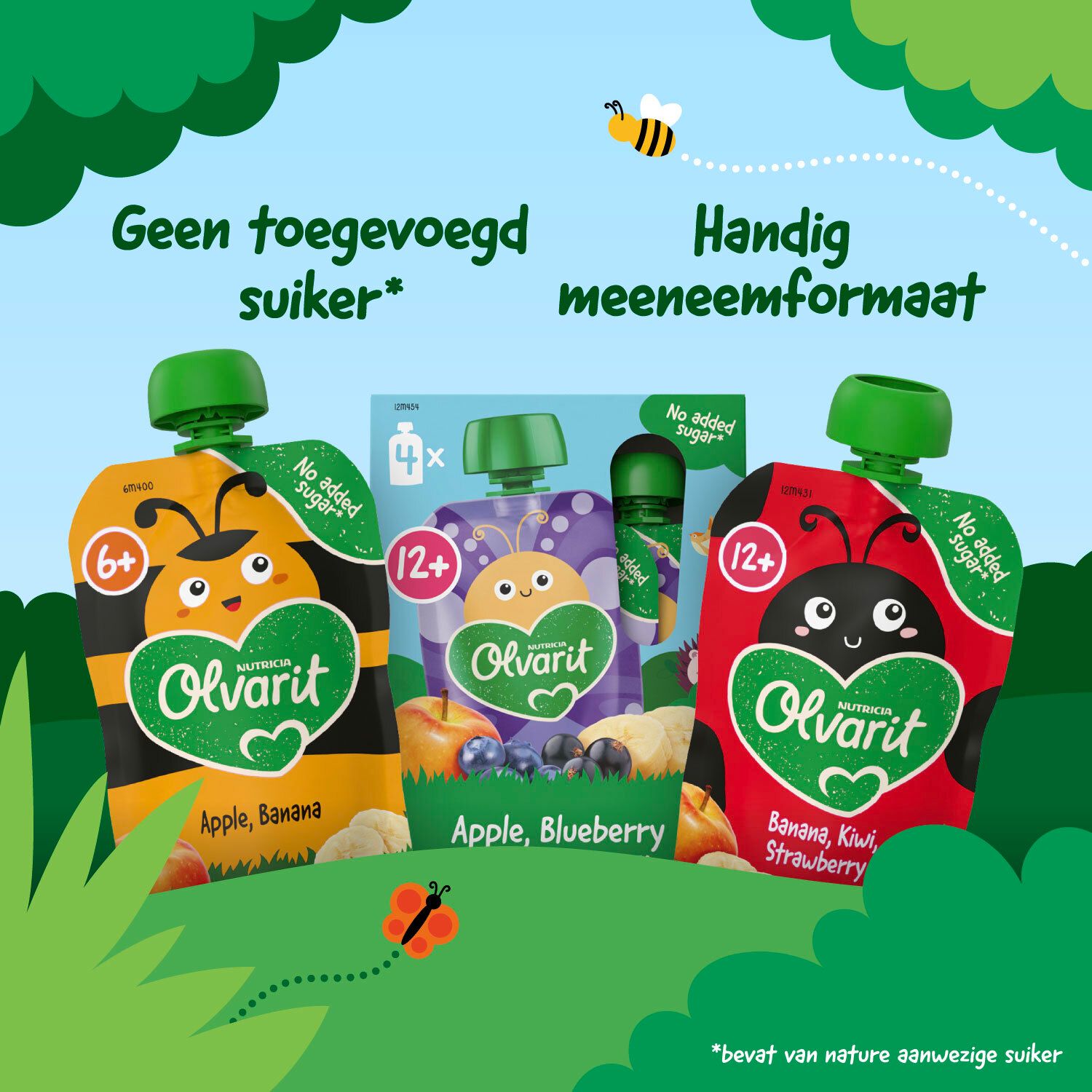 Drie knijpfruit met verschillende smaken. Merk Olvarit. Groene en witte doppen. Leeftijdsadvies.