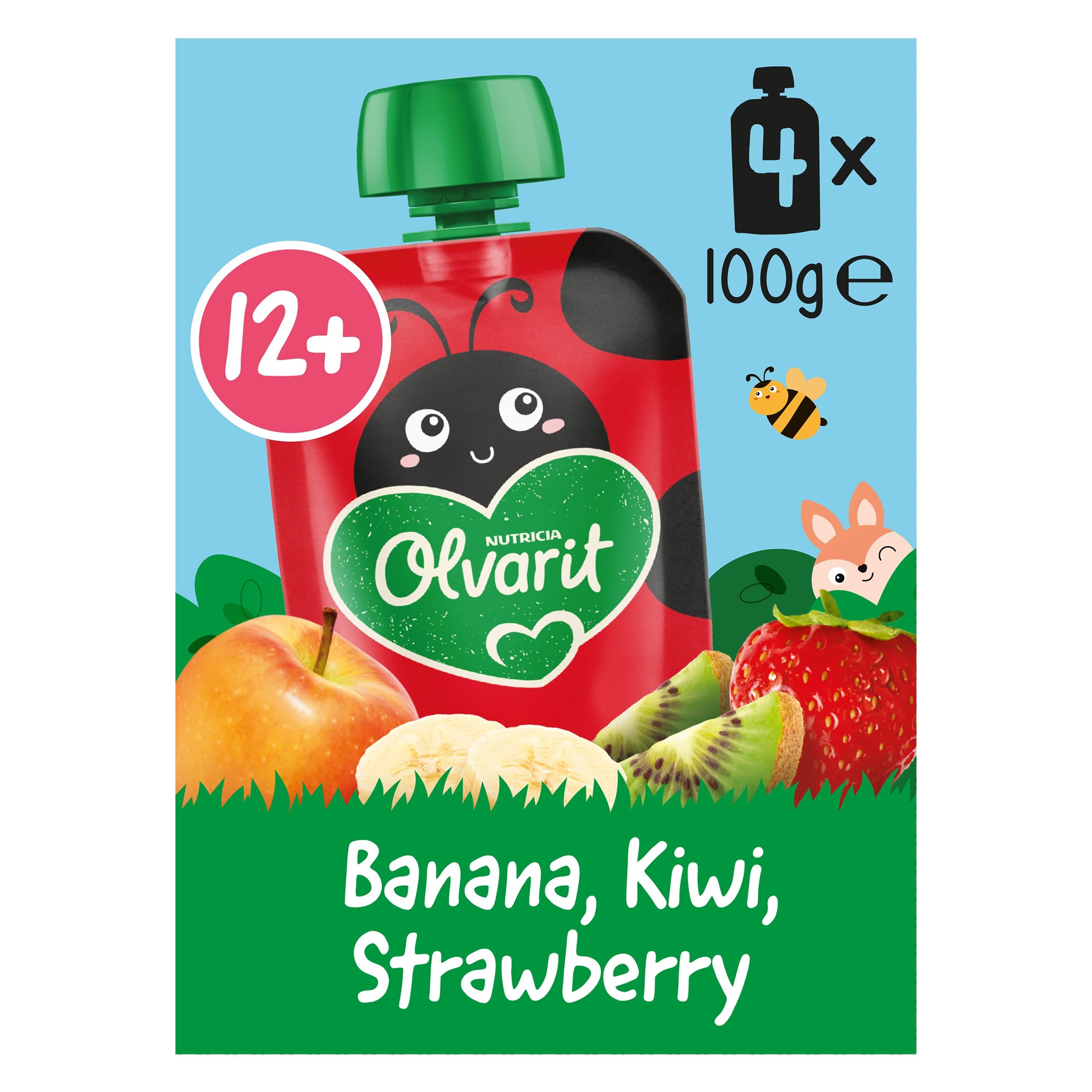 Gourde avec bouchon vert. Inscription : Banane, Kiwi, Fraise. Recommandé pour les 12+.