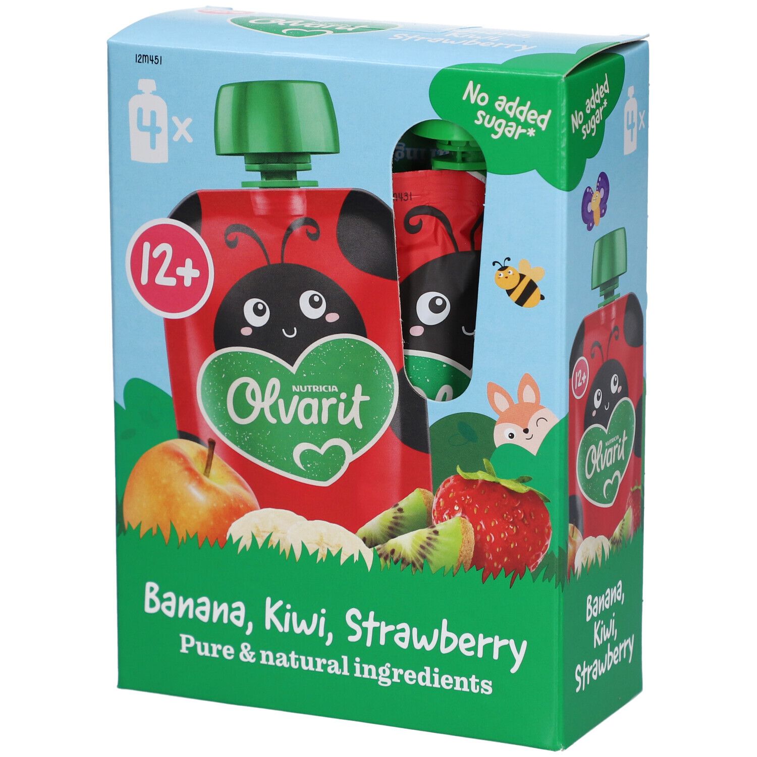 Boîte de 4 gourdes. Inscription : Banane, Kiwi, Fraise. Bouchon vert. Recommandé pour les 12+.