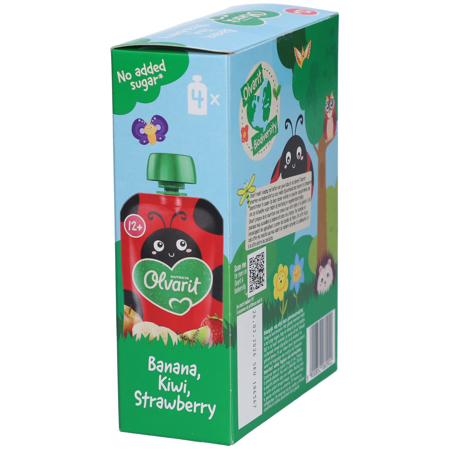 Emballage avec gourde. Inscription : Banane, Kiwi, Fraise. Bouchon vert. Recommandé pour les 12+.