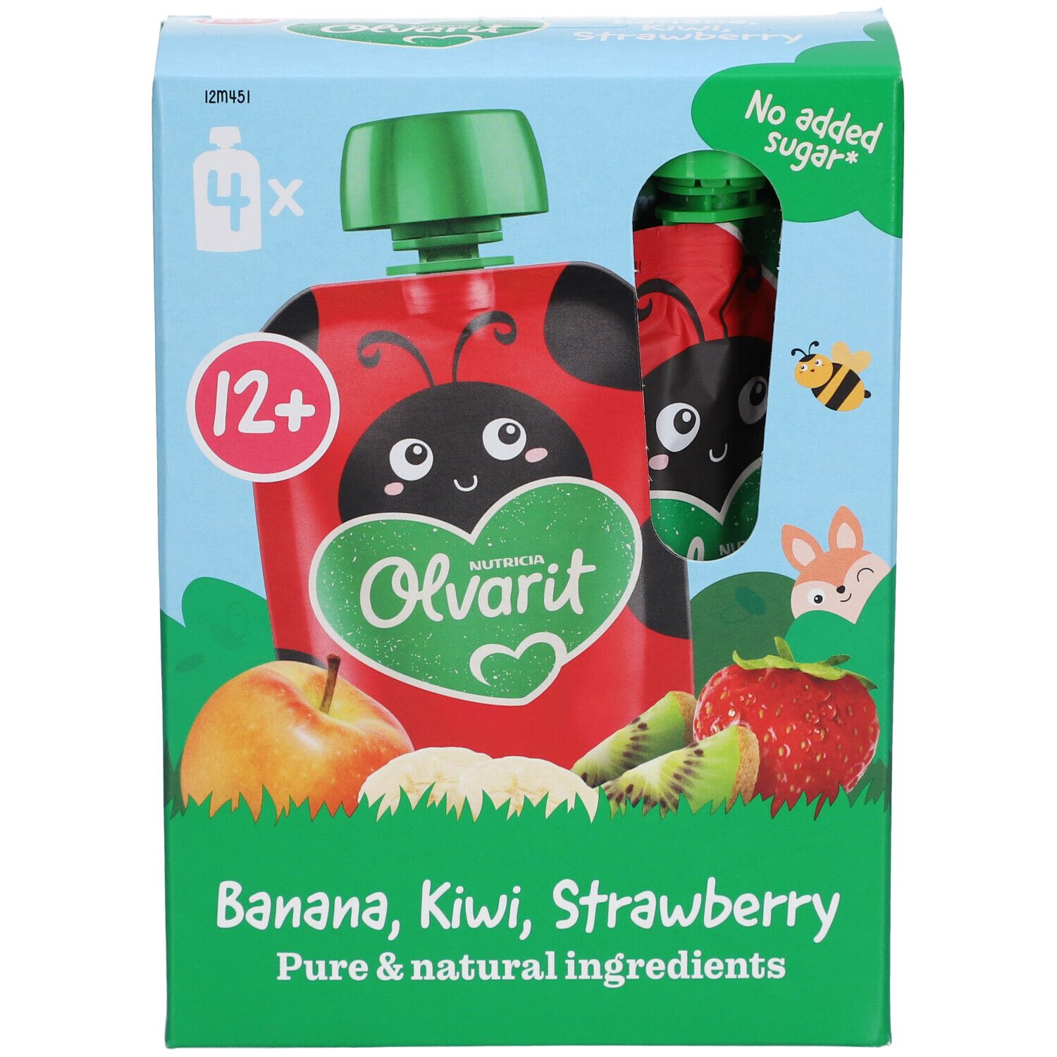 Boîte de 4 gourdes. Inscription : Banane, Kiwi, Fraise. Bouchon vert. Recommandé pour les 12+.