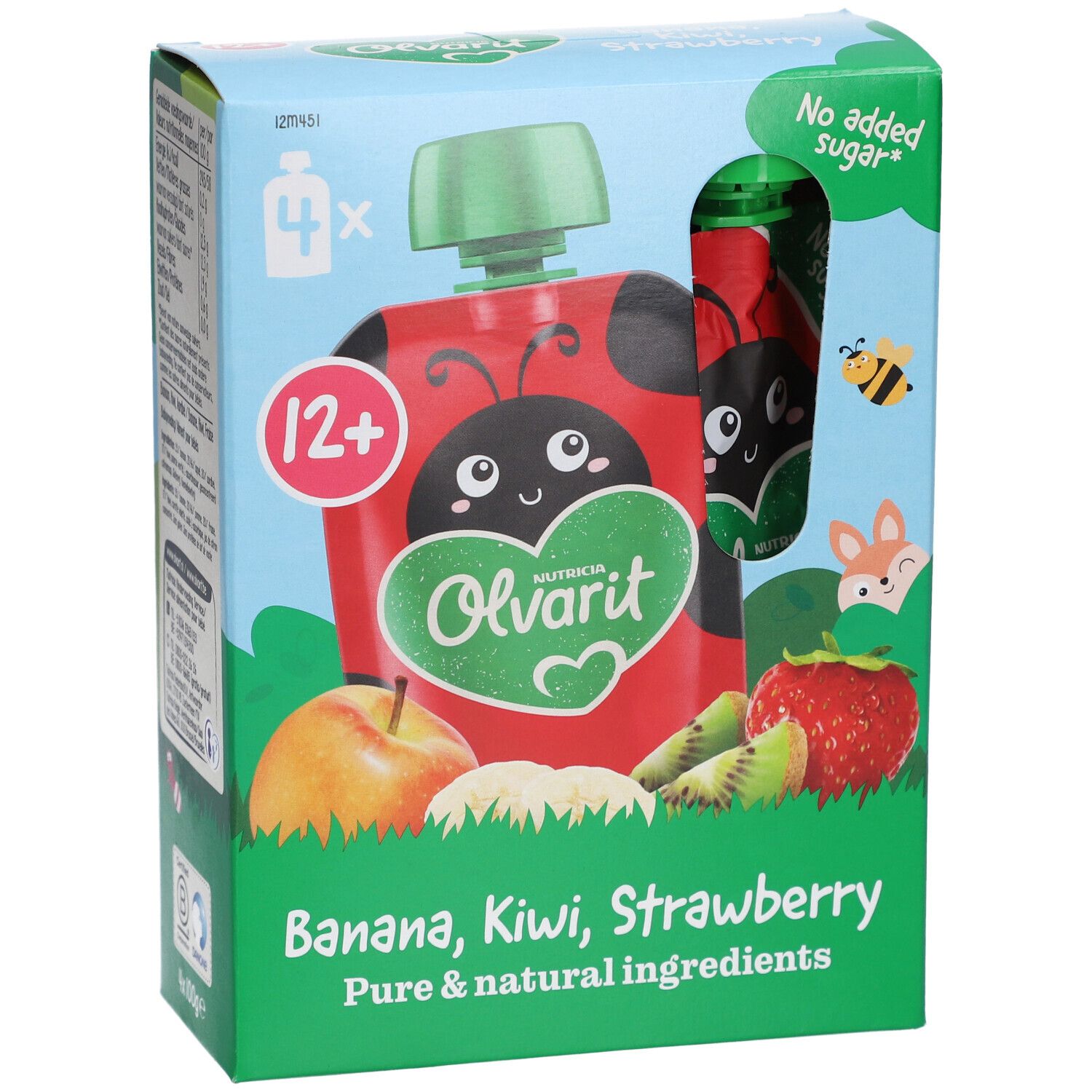 Boîte de 4 gourdes. Inscription : Banane, Kiwi, Fraise. Bouchon vert. Recommandé pour les 12+.