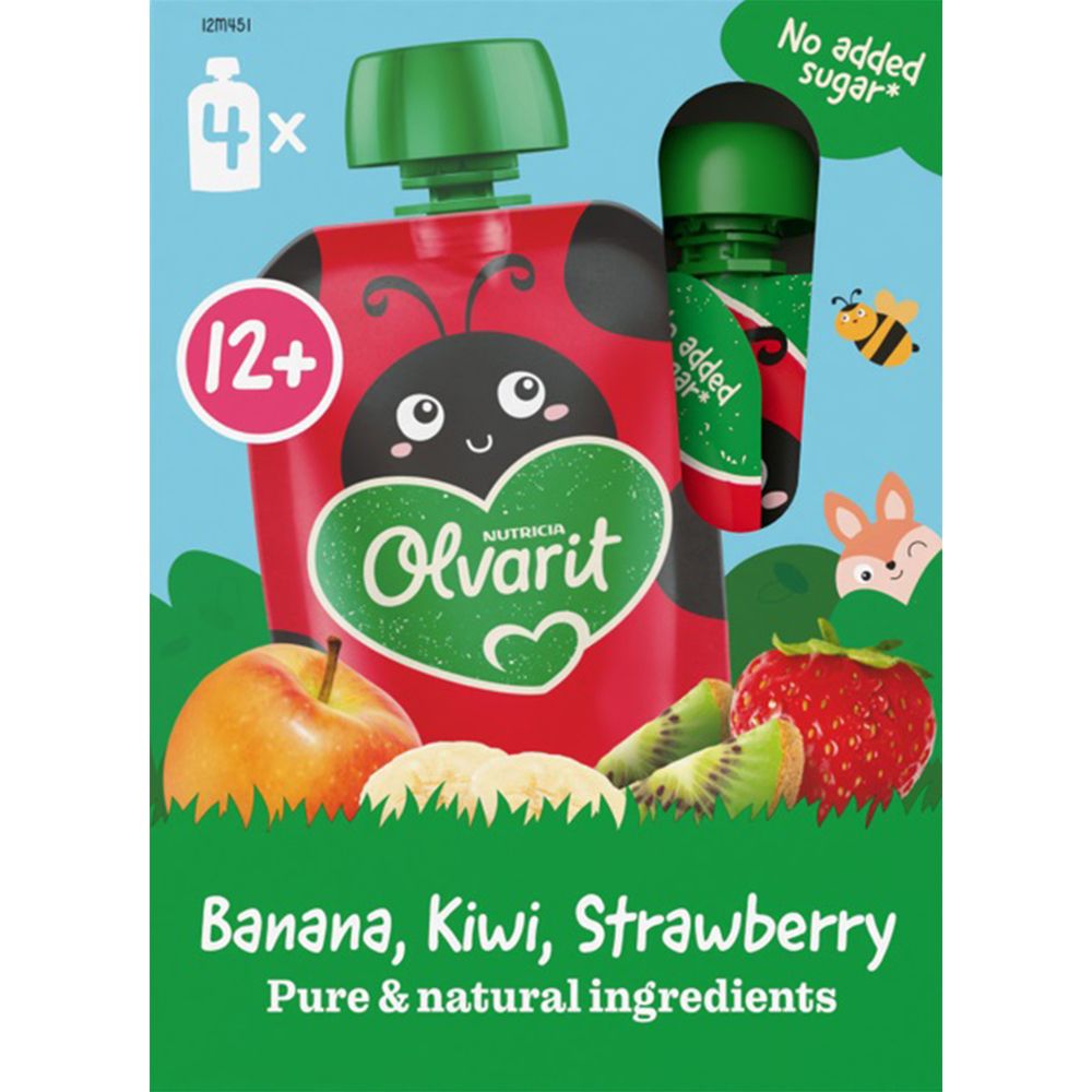 Gourde avec bouchon vert. Inscription : Banane, Kiwi, Fraise. Recommandé pour les 12+.