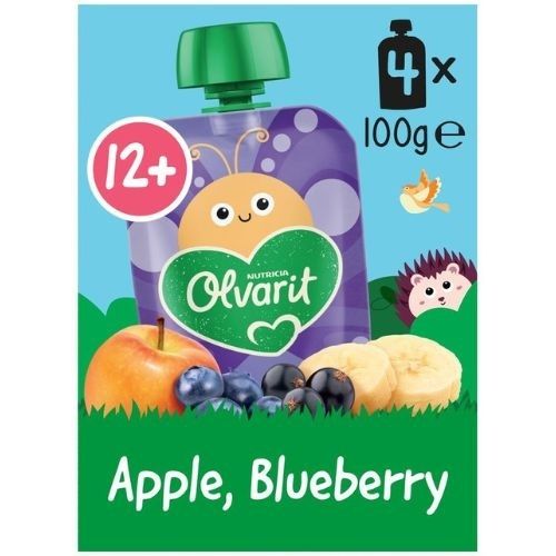 Gourde Olvarit pomme, myrtille. 4 gourdes. Fruits et illustrations. 12+ mois.