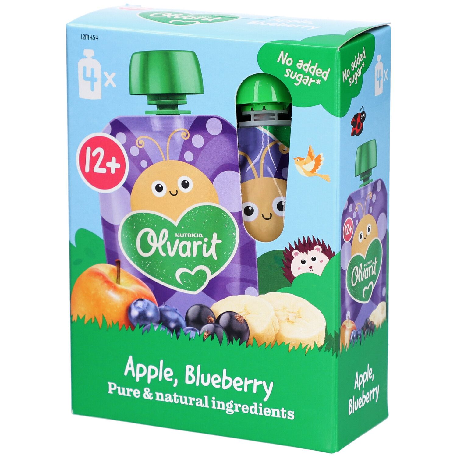 Boîte Olvarit, gourde pomme, myrtille. 4 gourdes. Fruits et illustrations. Sans sucre ajouté.