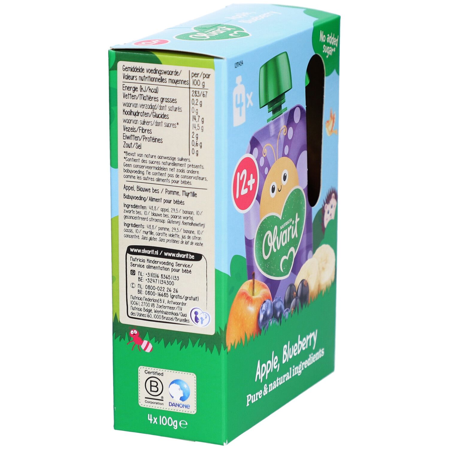 Dos de la boîte Olvarit. Informations nutritionnelles, ingrédients, contact. Certification B Corp.