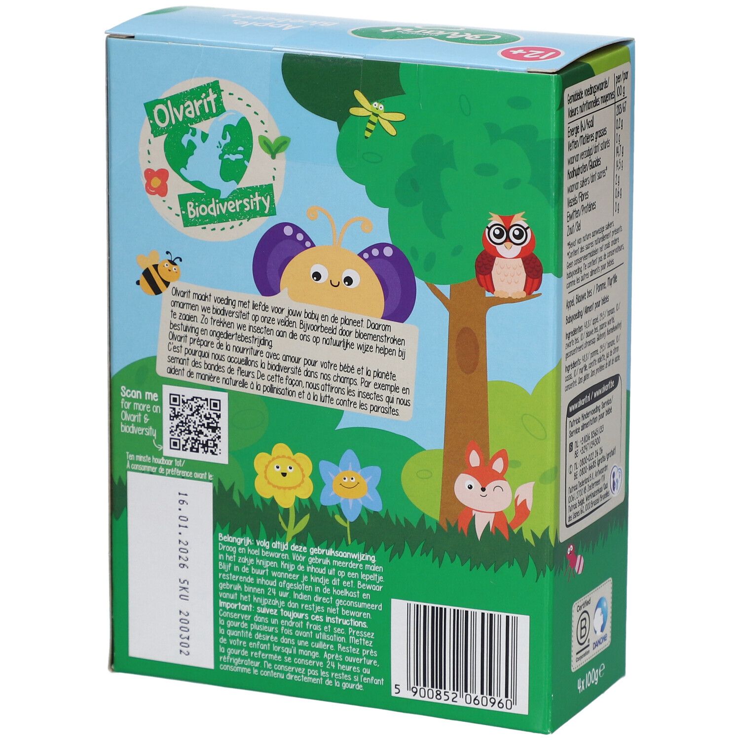Dos de la boîte Olvarit. Illustrations de la nature et de l'environnement. Avec code QR.