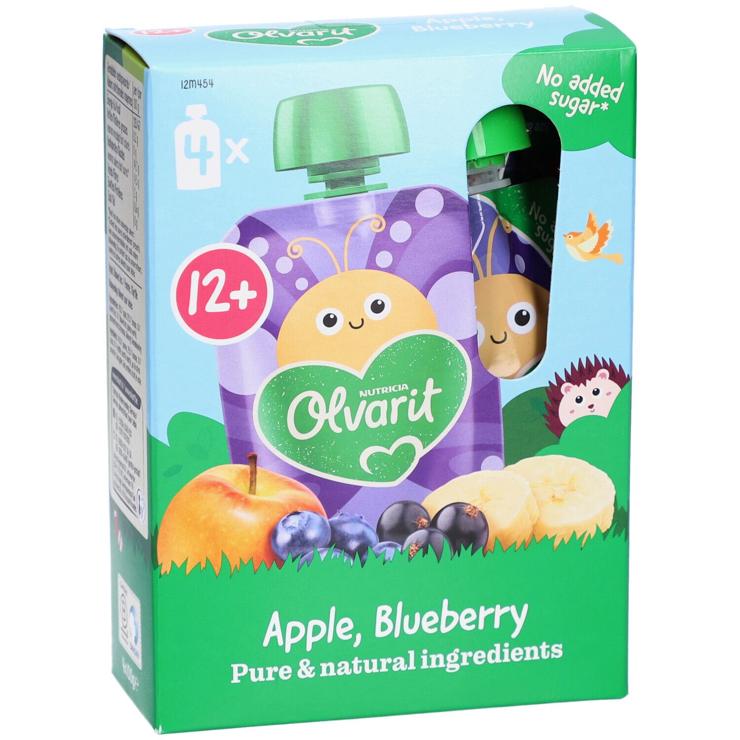 Boîte Olvarit, gourde pomme, myrtille. 4 gourdes. Fruits et illustrations. Sans sucre ajouté.