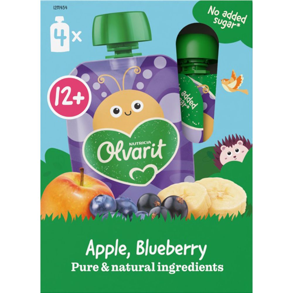 Gourde Olvarit pomme, myrtille. 4 gourdes. Fruits et illustrations. 12+ mois.