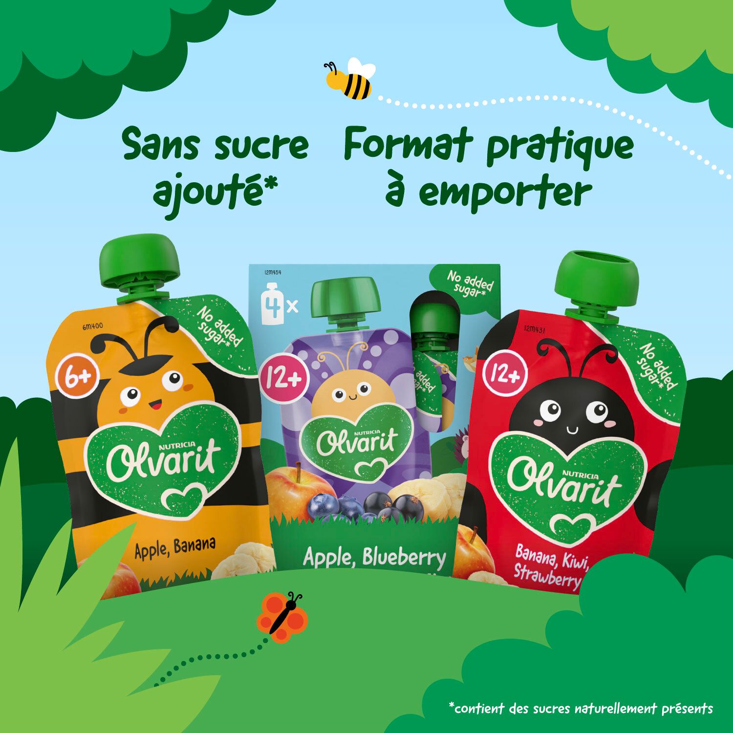 Présentation des produits Olvarit. Différentes gourdes et emballages. Recommandations d'âge.