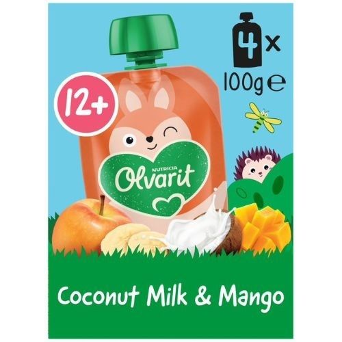 Gourde Olvarit. Smoothie mangue-coco. 4 gourdes. 12+ mois. Sans sucres ajoutés.