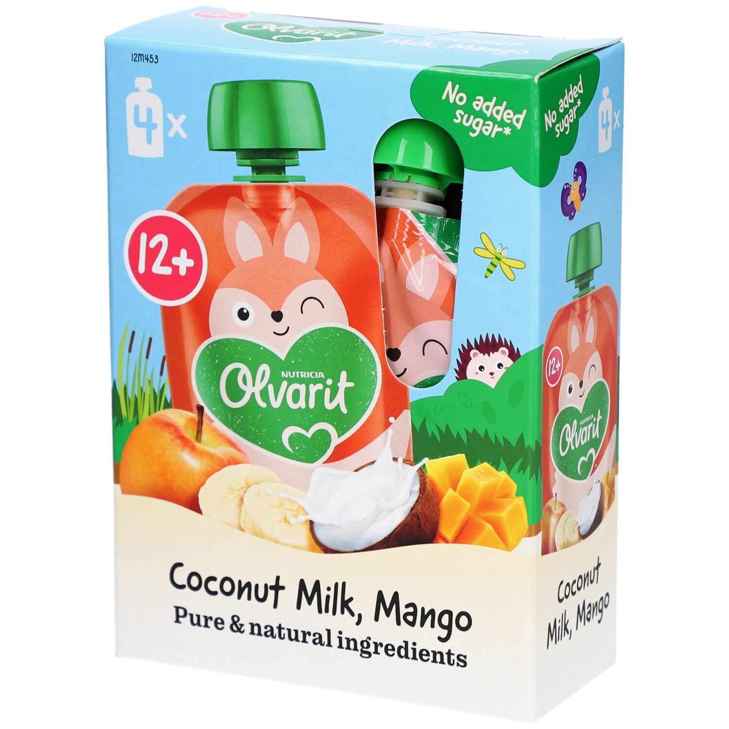 Verpackung mit Olvarit-Quetschbeuteln. Mango-Kokos-Smoothie. 4 Beutel. 12+ Monate. Keine Zuckerzusätze.