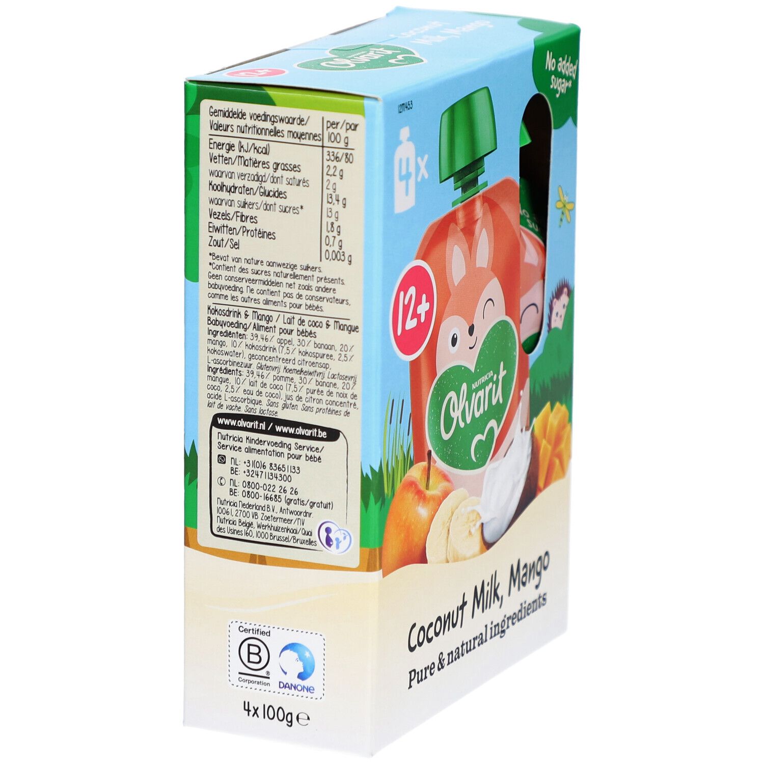 Rückseite der Olvarit-Verpackung. Mango-Kokos-Smoothie. Nährwertangaben. Zertifizierung.